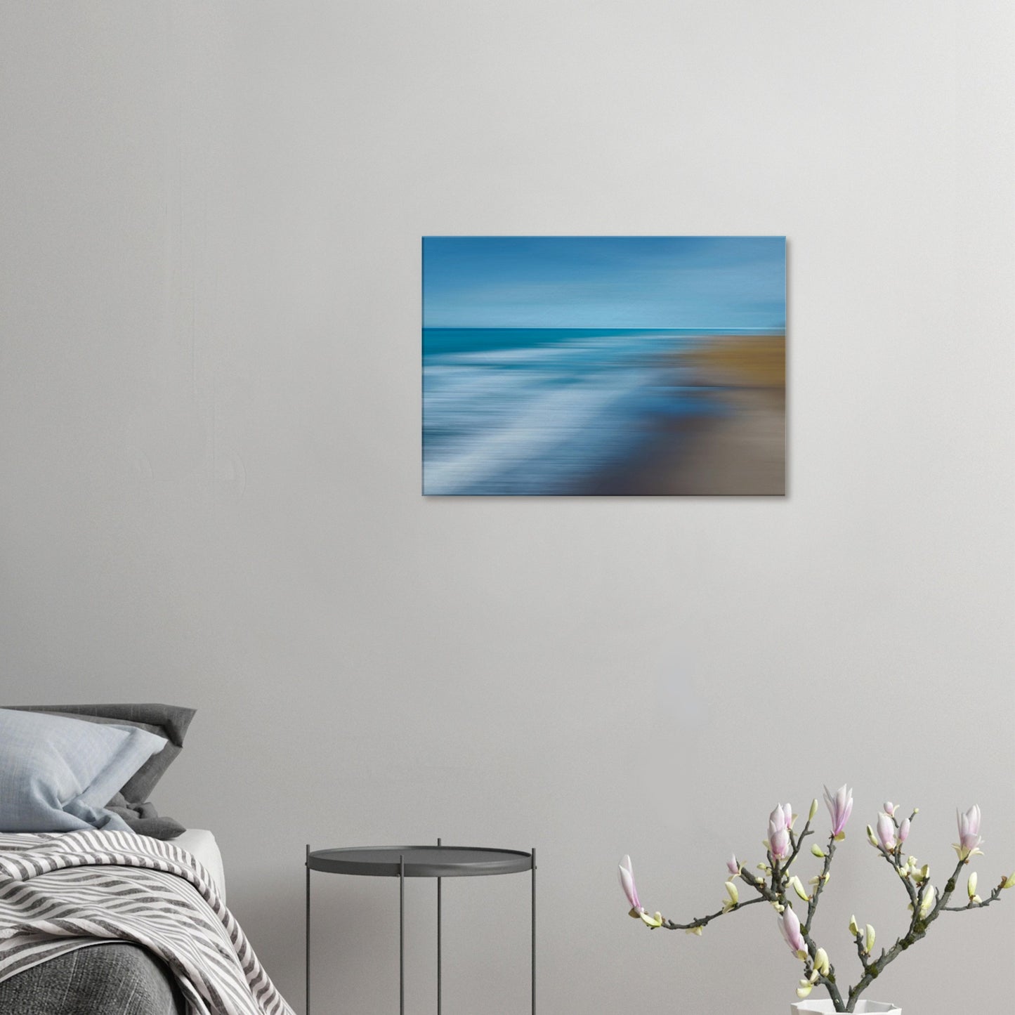 ‘Ocean breeze’ captures the movement of waves and shoreline in a beautifully blurred perspective, creating a dreamlike seascape of blues, teals, and sandy browns.