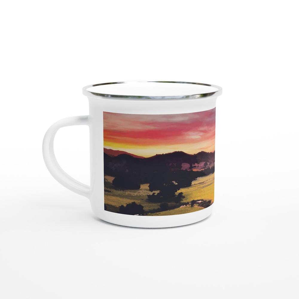 Designer enamel mugs with artwork by NZ designer