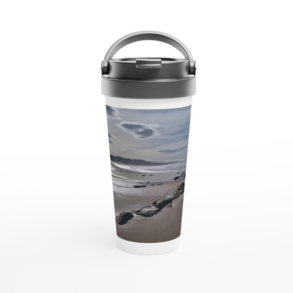 Designer stainless steel travel mug with artwork by NZ designer