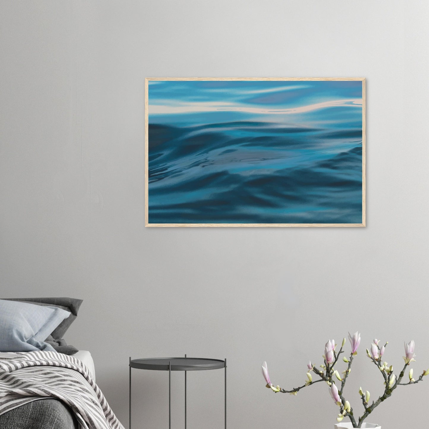 Flowing blue seascape with soft ripple textures and light reflections.