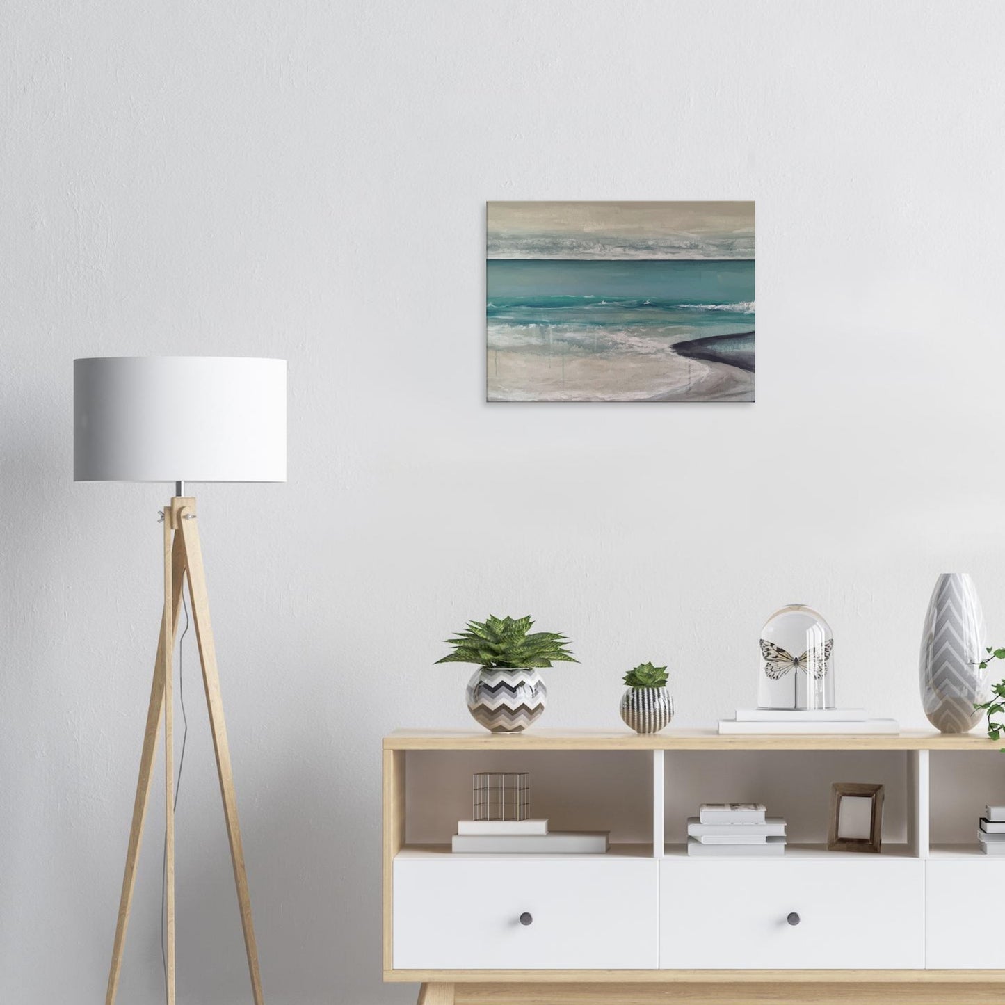 Artwork of Napier Beach with curved shoreline, turquoise sea and soft waves.