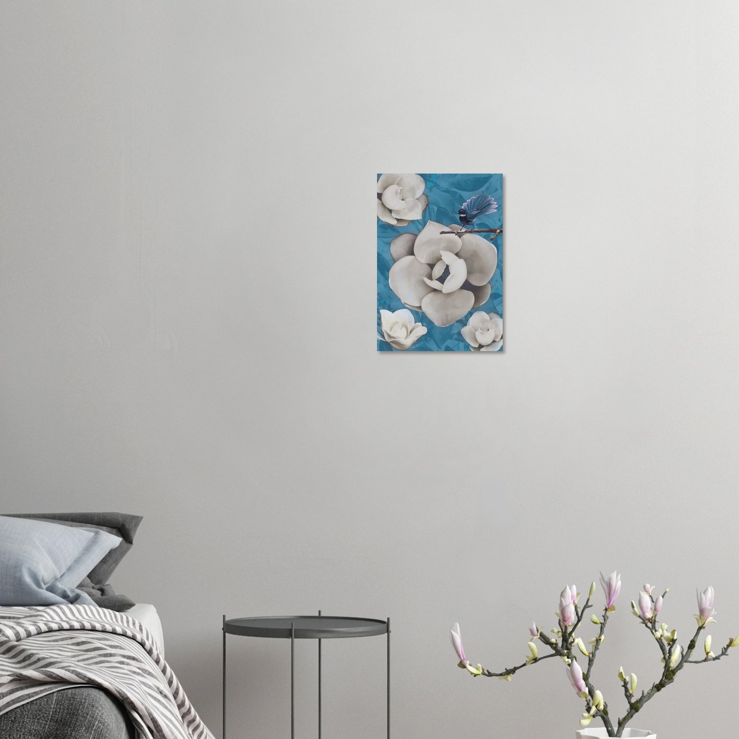 Artwork of a New Zealand pīwakawaka with its tail fanned wide, perched and alert with cool blue tones behind.