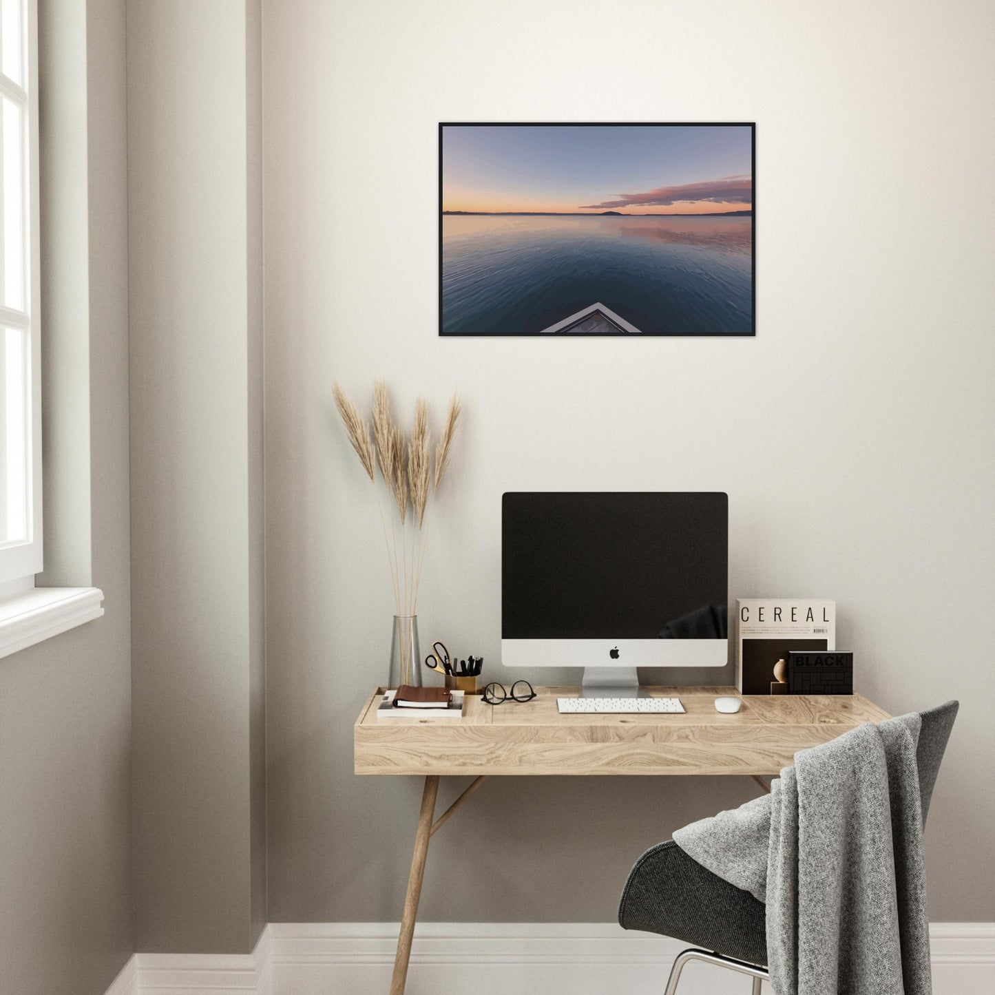 View from jetty over calm Lake Rotorua at sunset in the peaceful artwork Edge of Stillness by NZ designer Ben Hart.