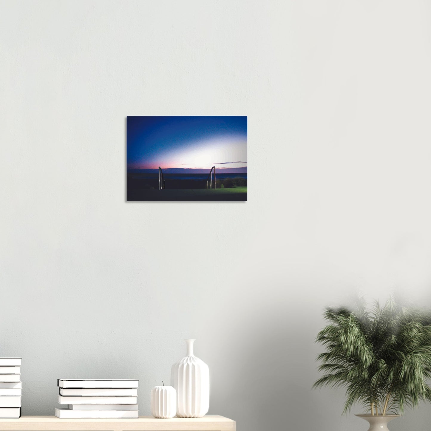 Artwork of Owhiro Bay at dusk with glowing horizon, sea, and steel railings leading into night.
