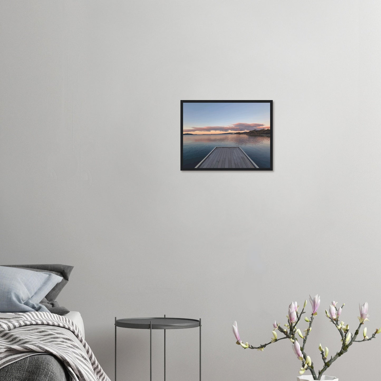 Jetty over Lake Rotorua at dusk with soft clouds and reflections in Echoes of the Lake by New Zealand designer Ben Hart.