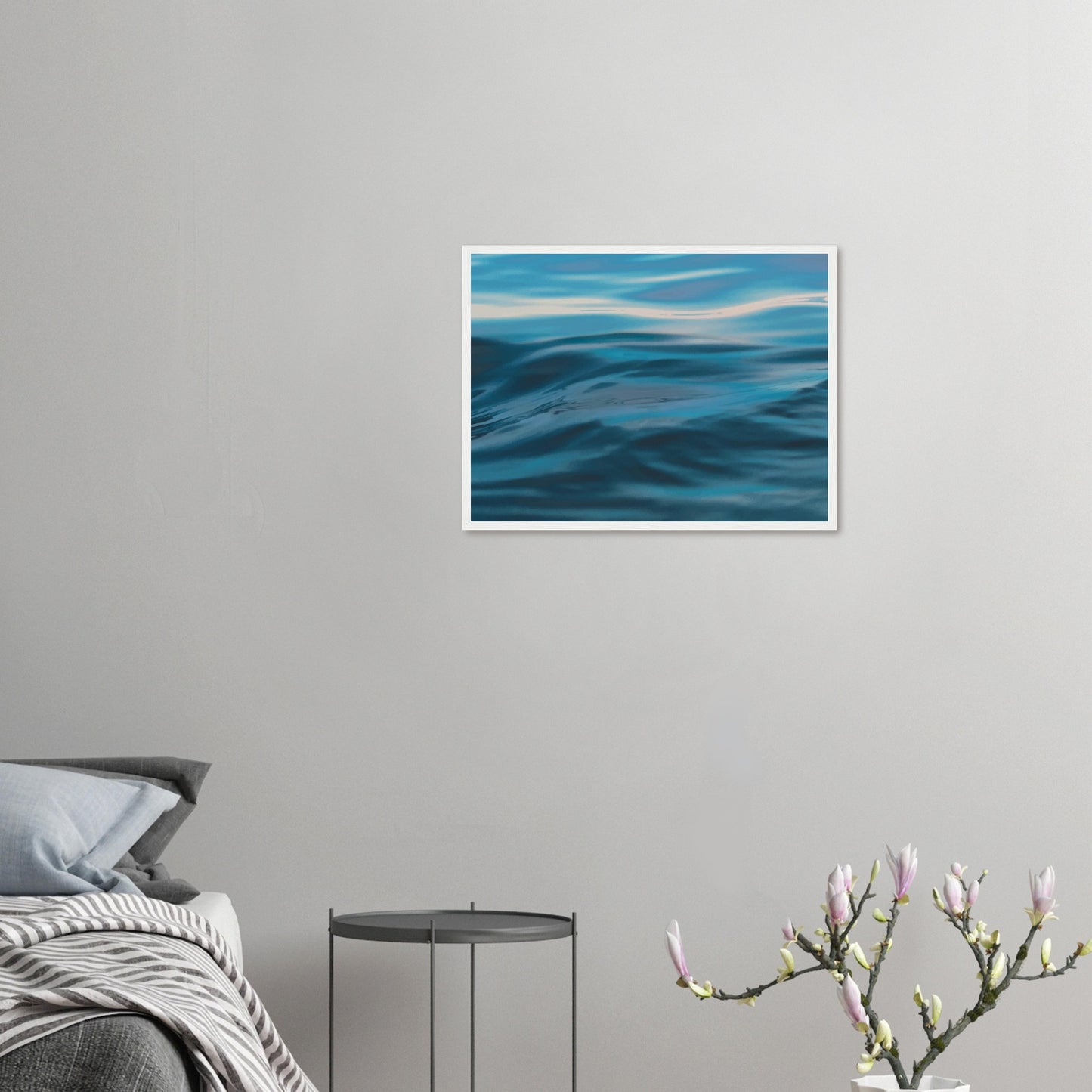 Flowing blue seascape with soft ripple textures and light reflections.