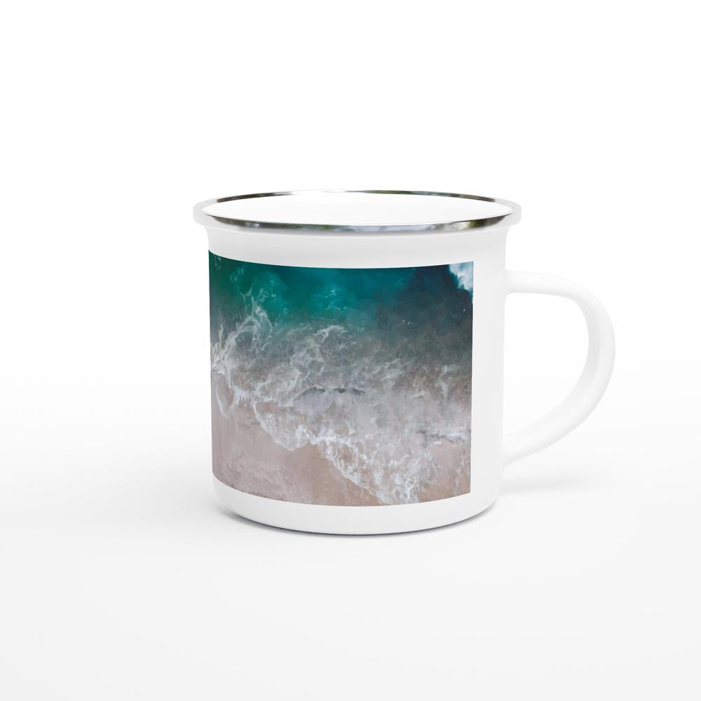 Designer enamel mugs with artwork by NZ designer