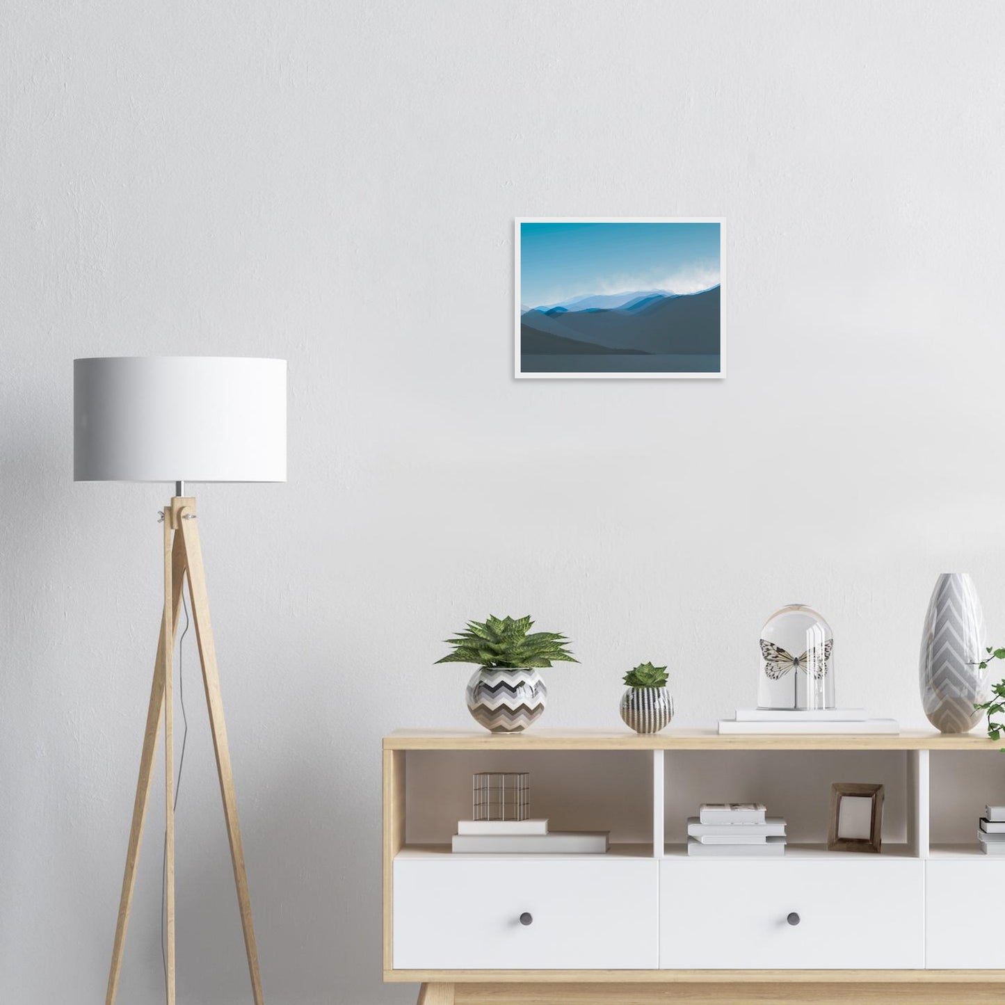 Soft, layered silhouettes of misty blue mountains against a calming sky, this piece captures the peaceful essence of nature