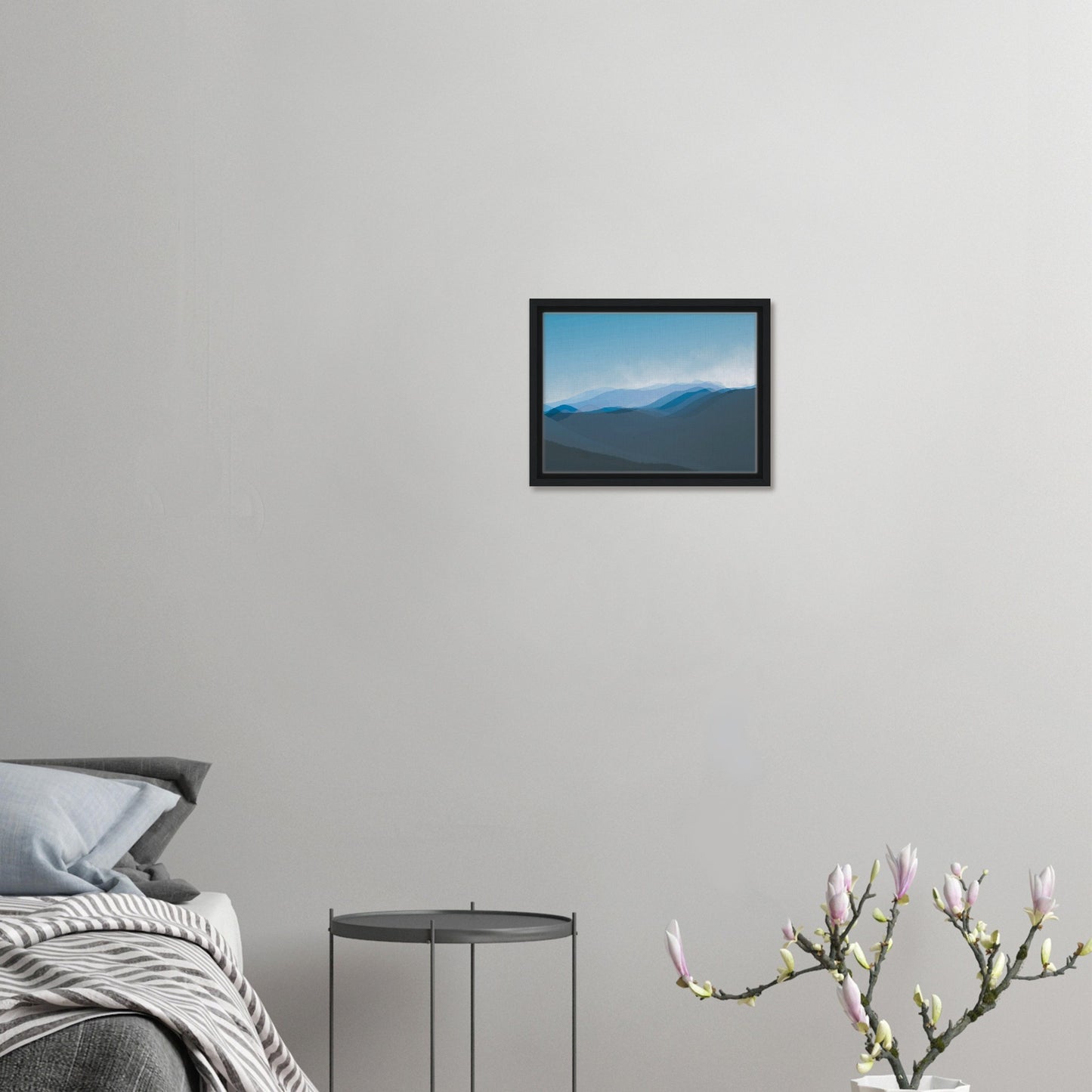 Soft, layered silhouettes of misty blue mountains against a calming sky, this piece captures the peaceful essence of nature.