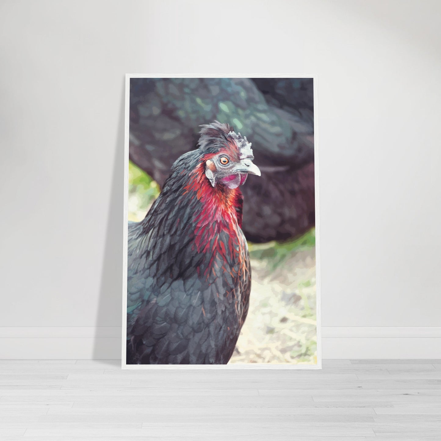 Vibrant close-up artwork of a quirky chicken with bright feathers and a bold expression.