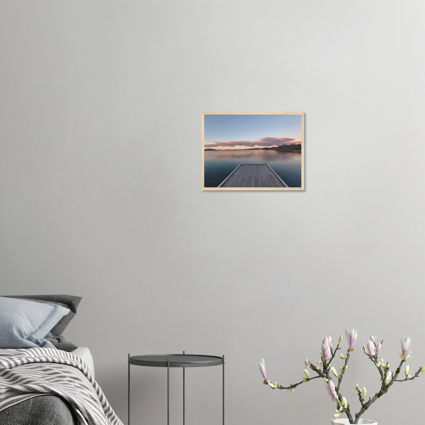 Jetty over Lake Rotorua at dusk with soft clouds and reflections in Echoes of the Lake by New Zealand designer Ben Hart.