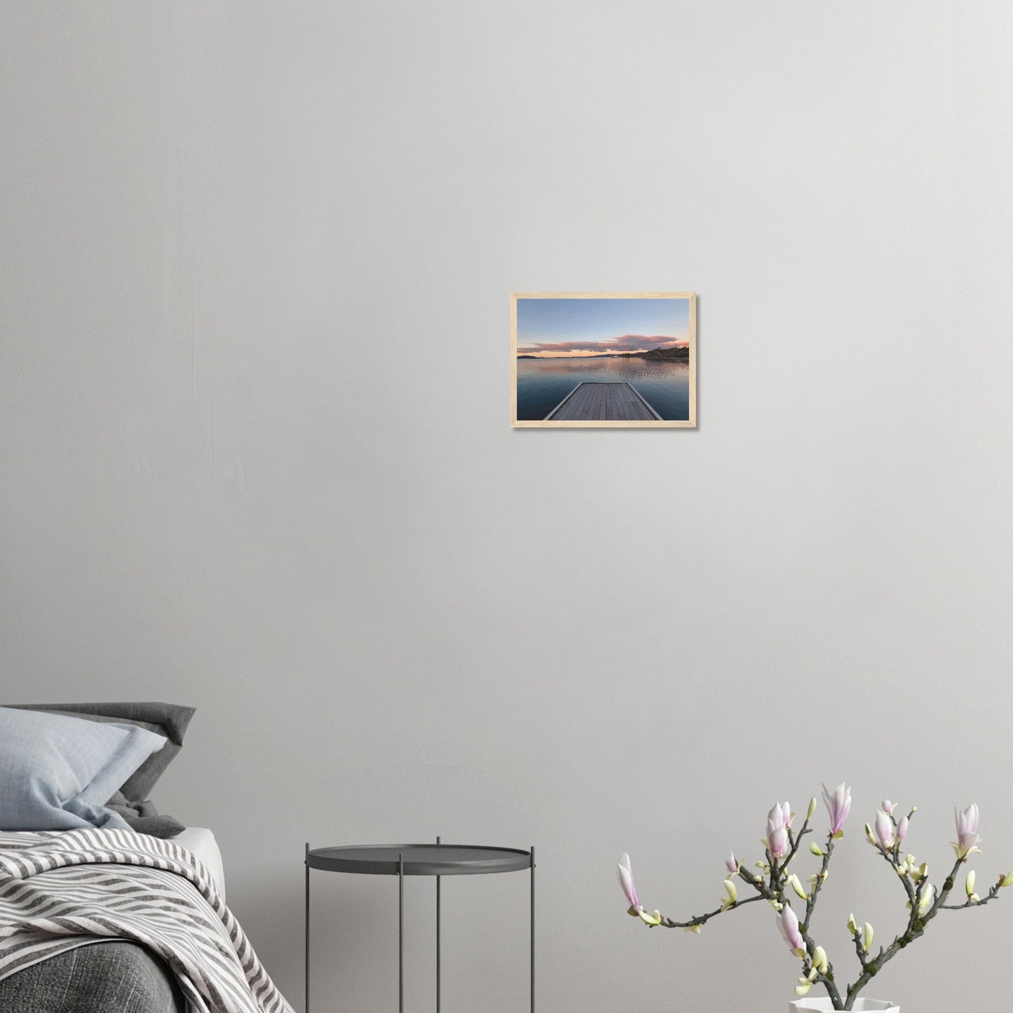 Jetty over Lake Rotorua at dusk with soft clouds and reflections in Echoes of the Lake by New Zealand designer Ben Hart.