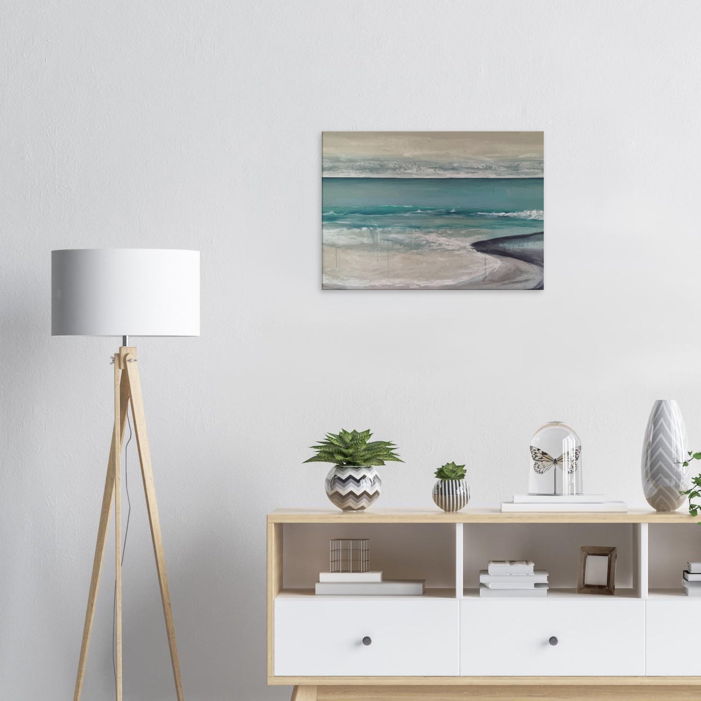 Artwork of Napier Beach with curved shoreline, turquoise sea and soft waves.