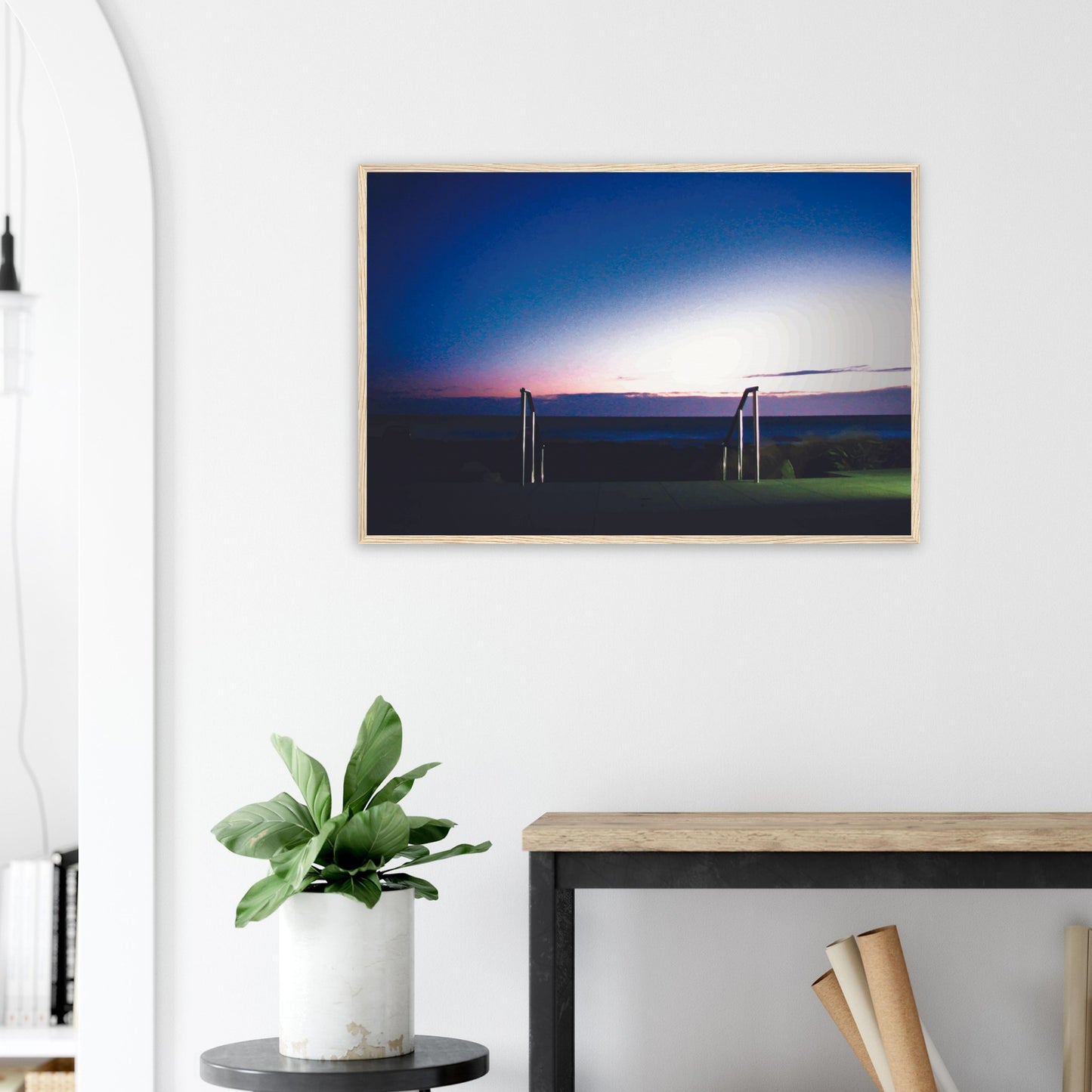 Artwork of Owhiro Bay at dusk with glowing horizon, sea, and steel railings leading into night.