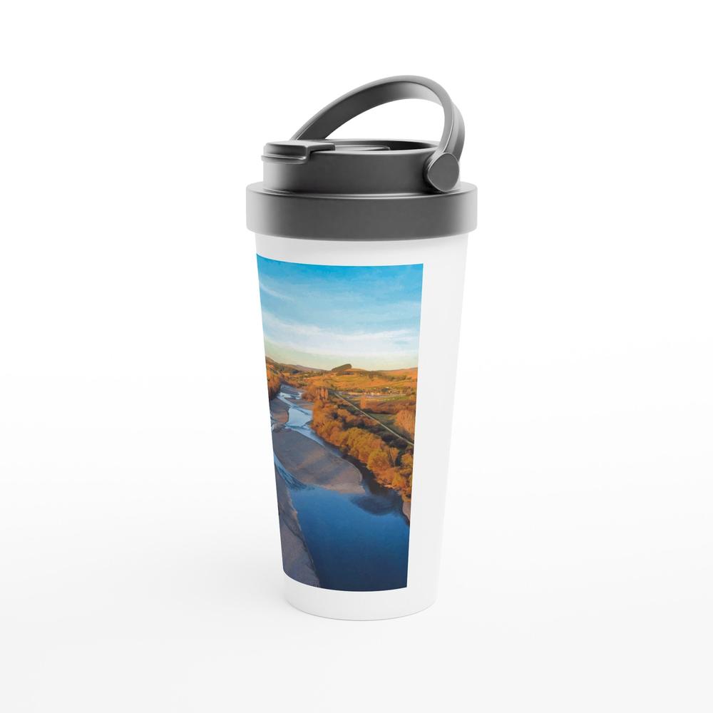 Designer stainless steel travel mug with artwork by NZ designer