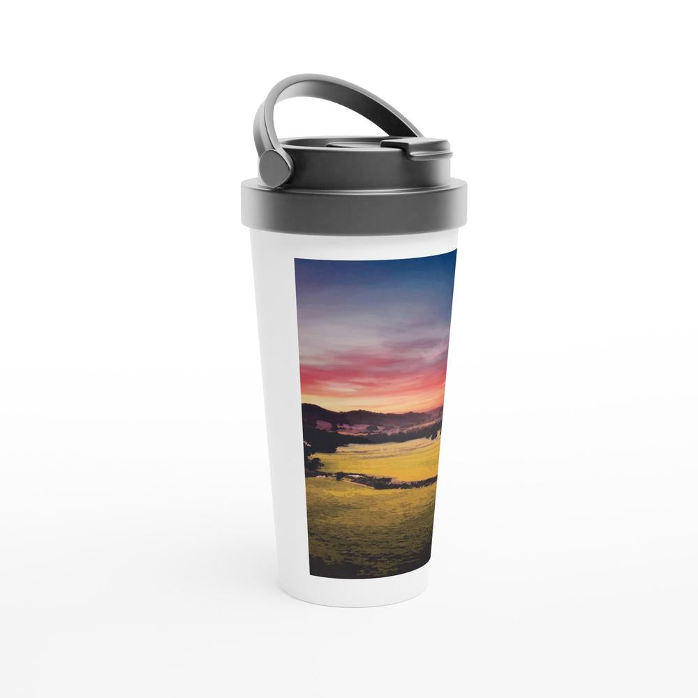 Designer stainless steel travel mug with artwork by NZ designer