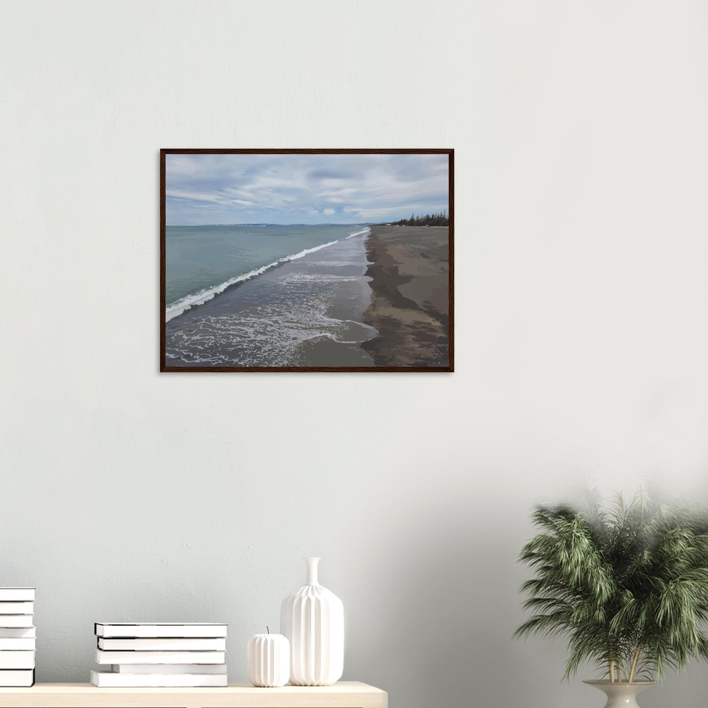 Gentle waves roll onto the dark sand, stretching endlessly into the distance under a softly clouded sky. Hints of pine trees and distant land complete the scene