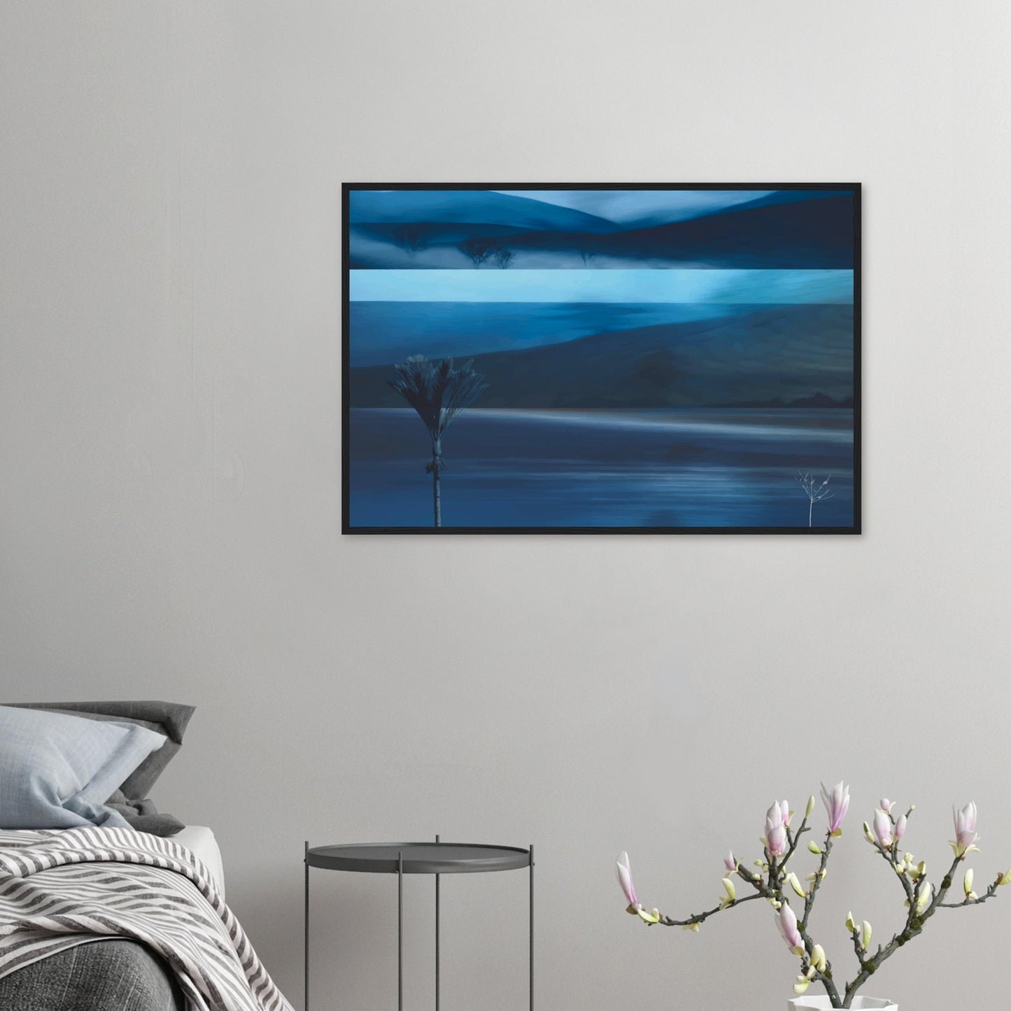 Layered blue seascape artwork with dark hills, water, and horizon in soft coastal tones.