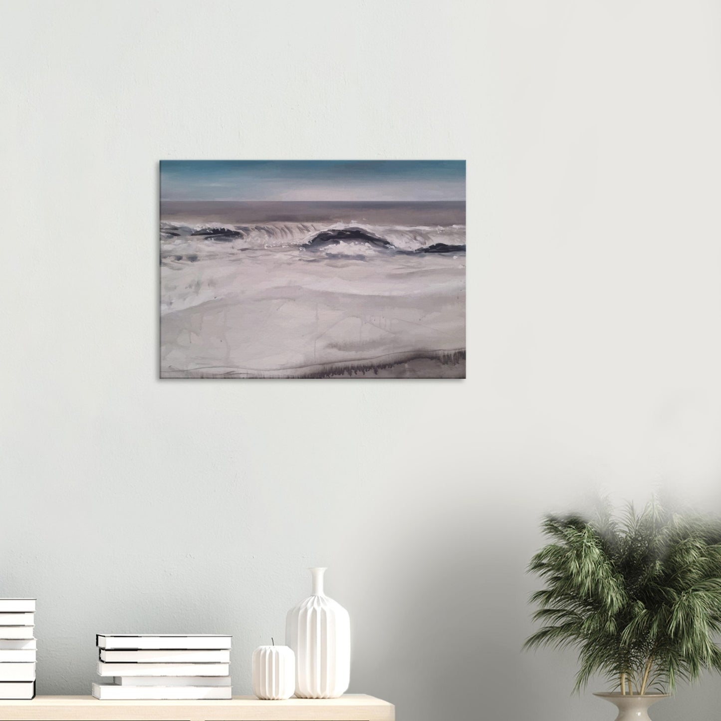 Moody seascape of waves breaking along Marine Parade in Hawke’s Bay, painted in muted greys and blues.