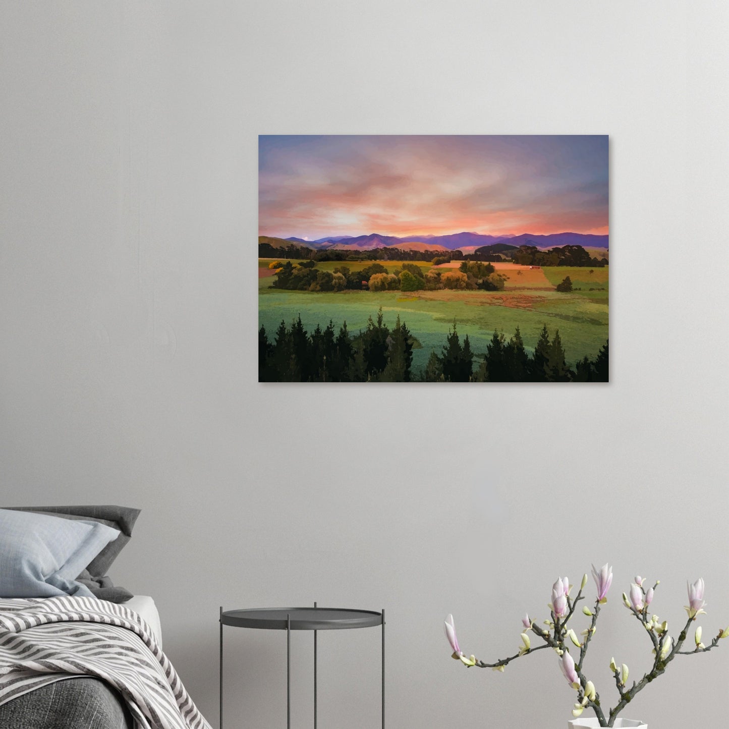 Artwork of a Wairarapa sunrise over pine trees and rolling farmland with soft light on the Tararua Ranges.