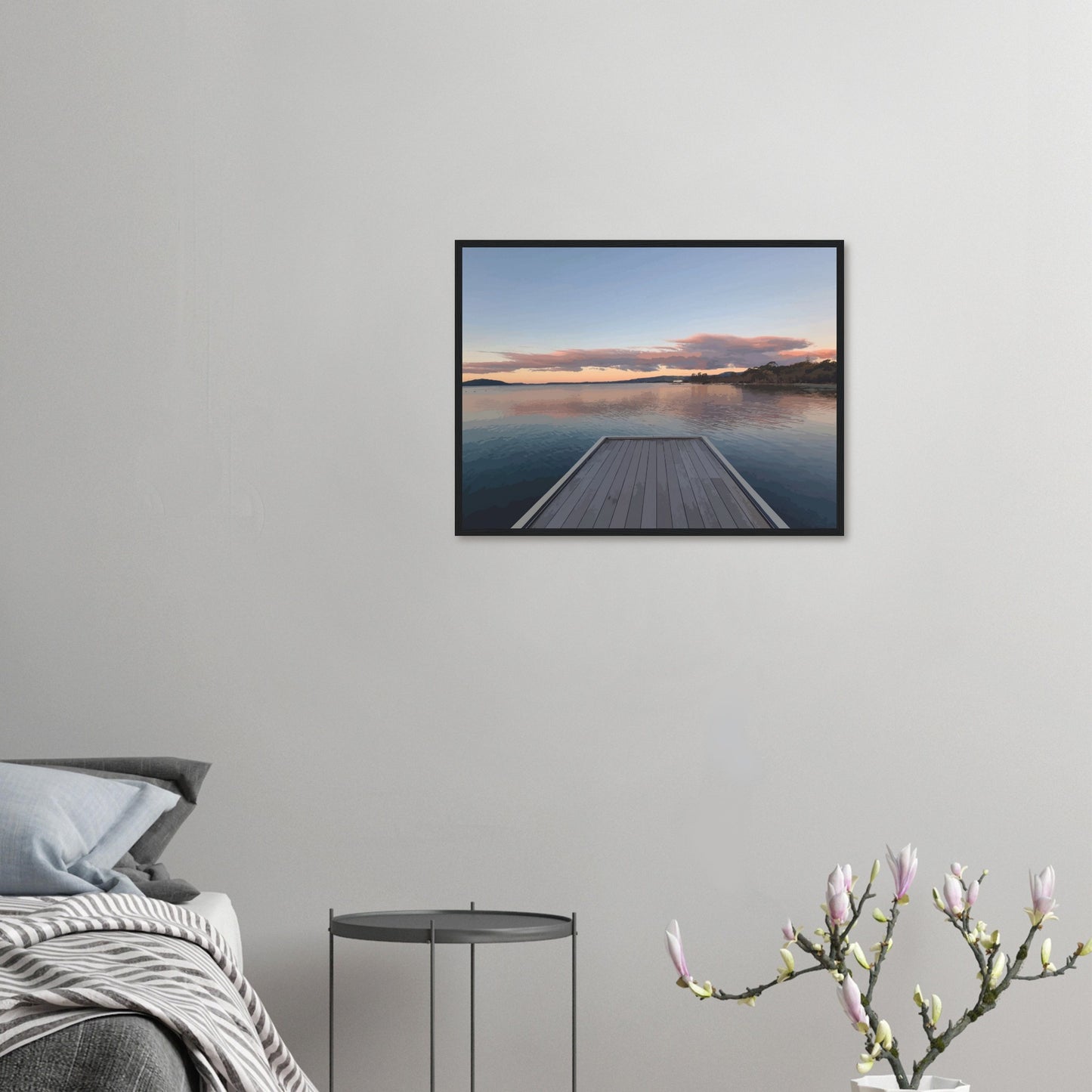 Jetty over Lake Rotorua at dusk with soft clouds and reflections in Echoes of the Lake by New Zealand designer Ben Hart.