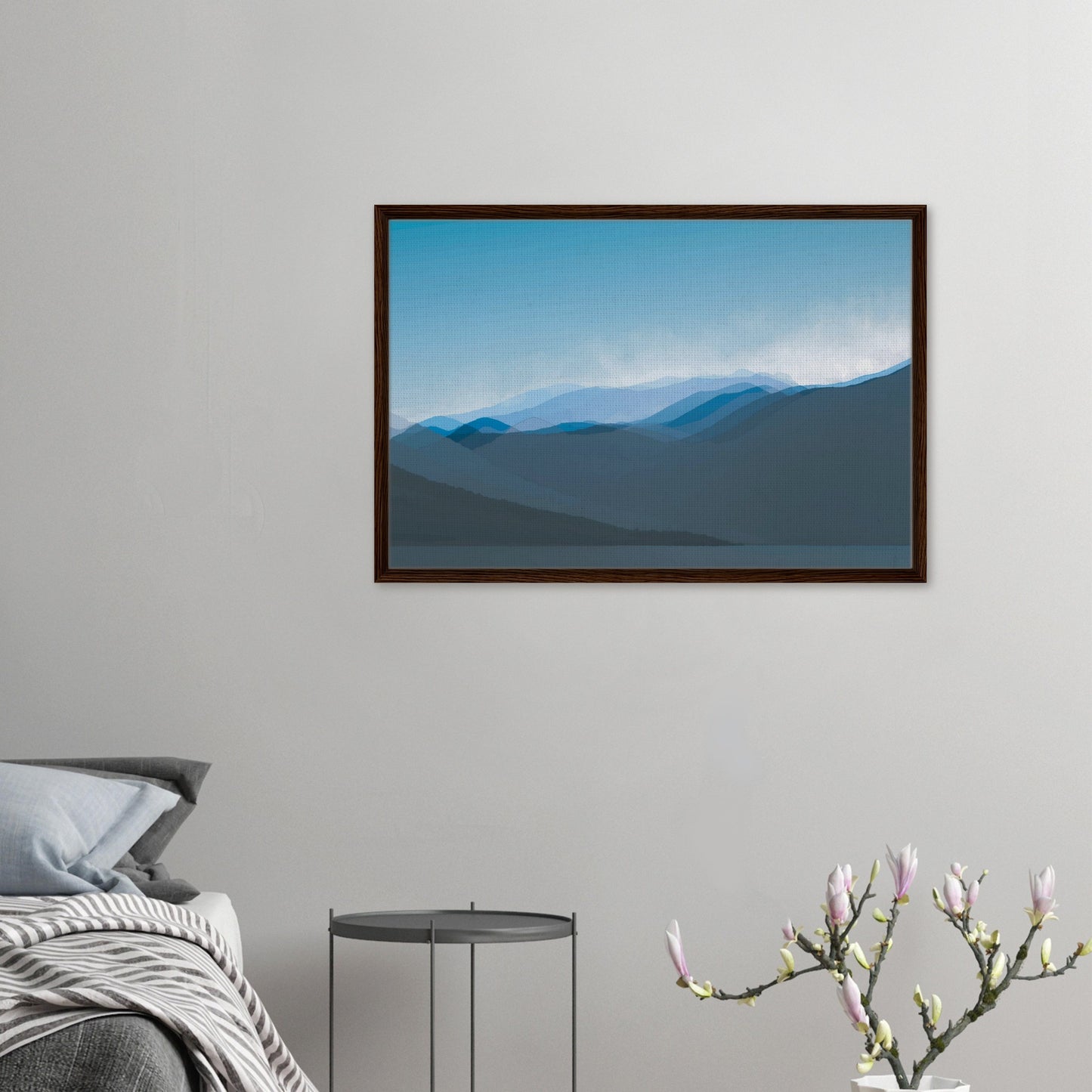 Soft, layered silhouettes of misty blue mountains against a calming sky, this piece captures the peaceful essence of nature.
