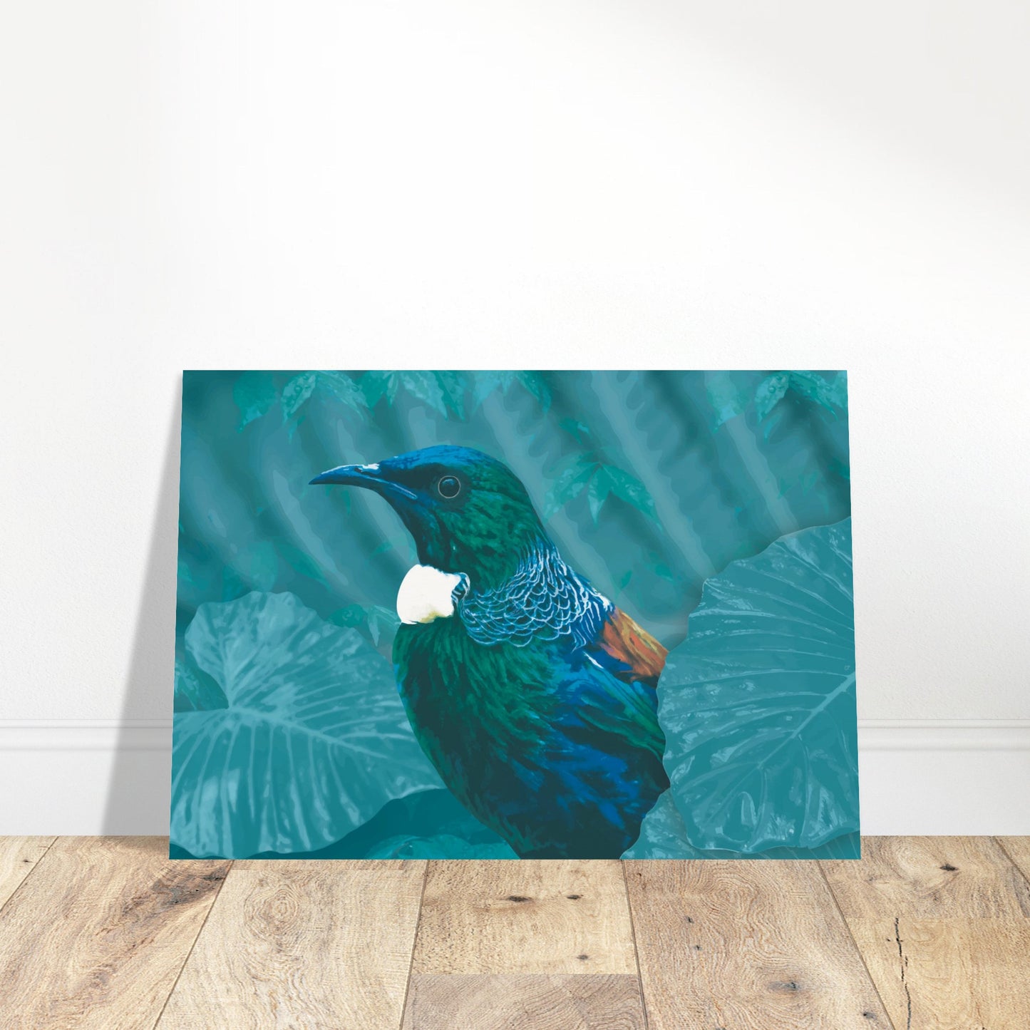 With rich teal and emerald hues and the tūī’s signature white throat tufts, the artwork evokes the dappled light of the forest and the bird’s melodic presence among the trees.