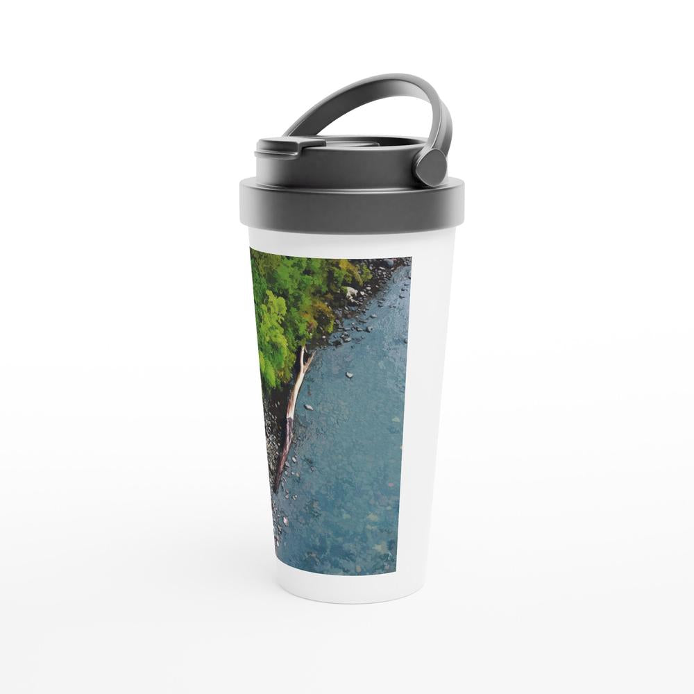 Designer stainless steel travel mug with artwork by NZ designer