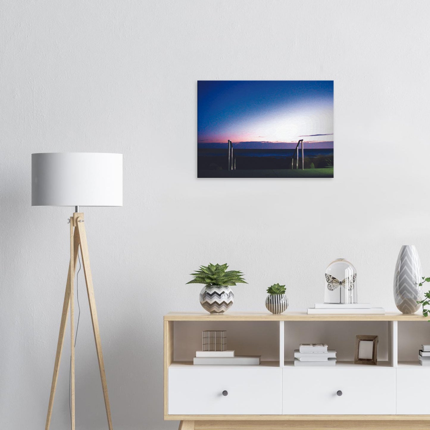 Artwork of Owhiro Bay at dusk with glowing horizon, sea, and steel railings leading into night.
