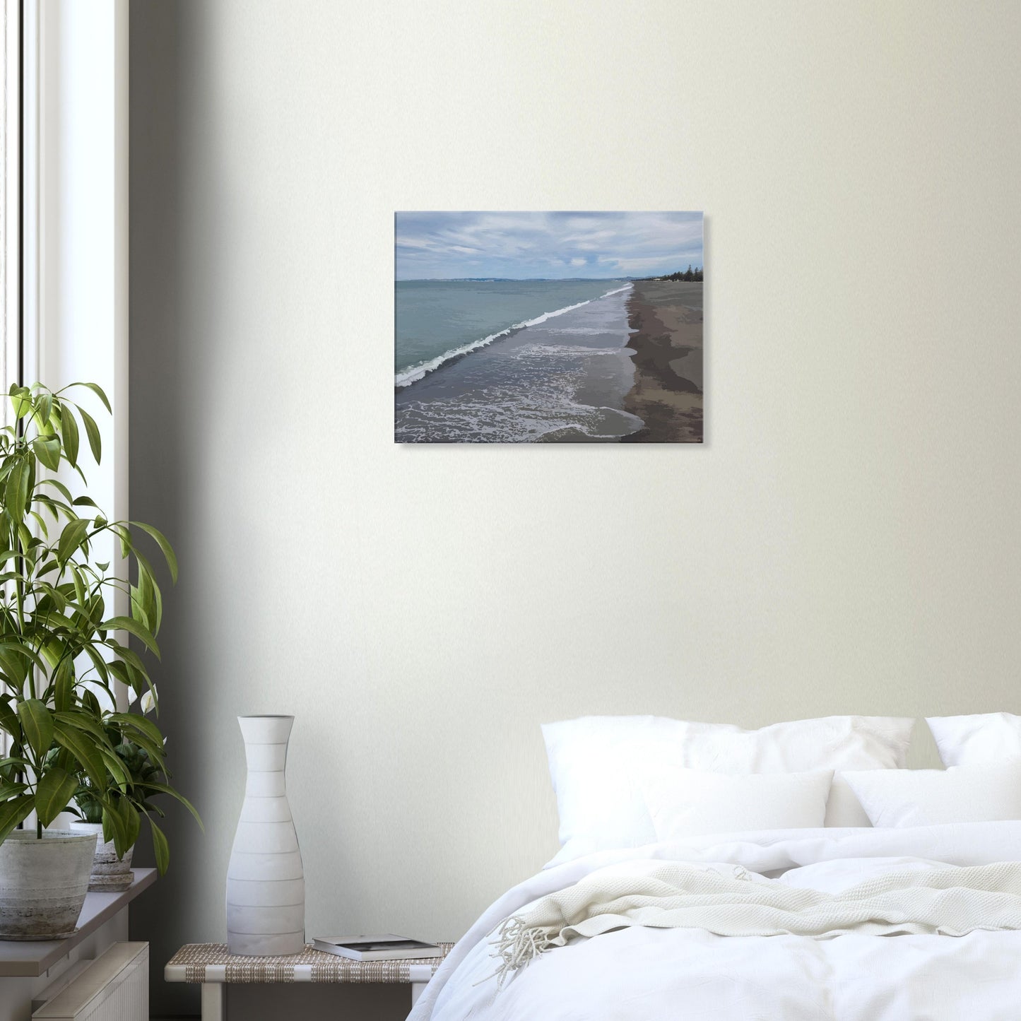Gentle waves roll onto the dark sand, stretching endlessly into the distance under a softly clouded sky. Hints of pine trees and distant land complete the scene