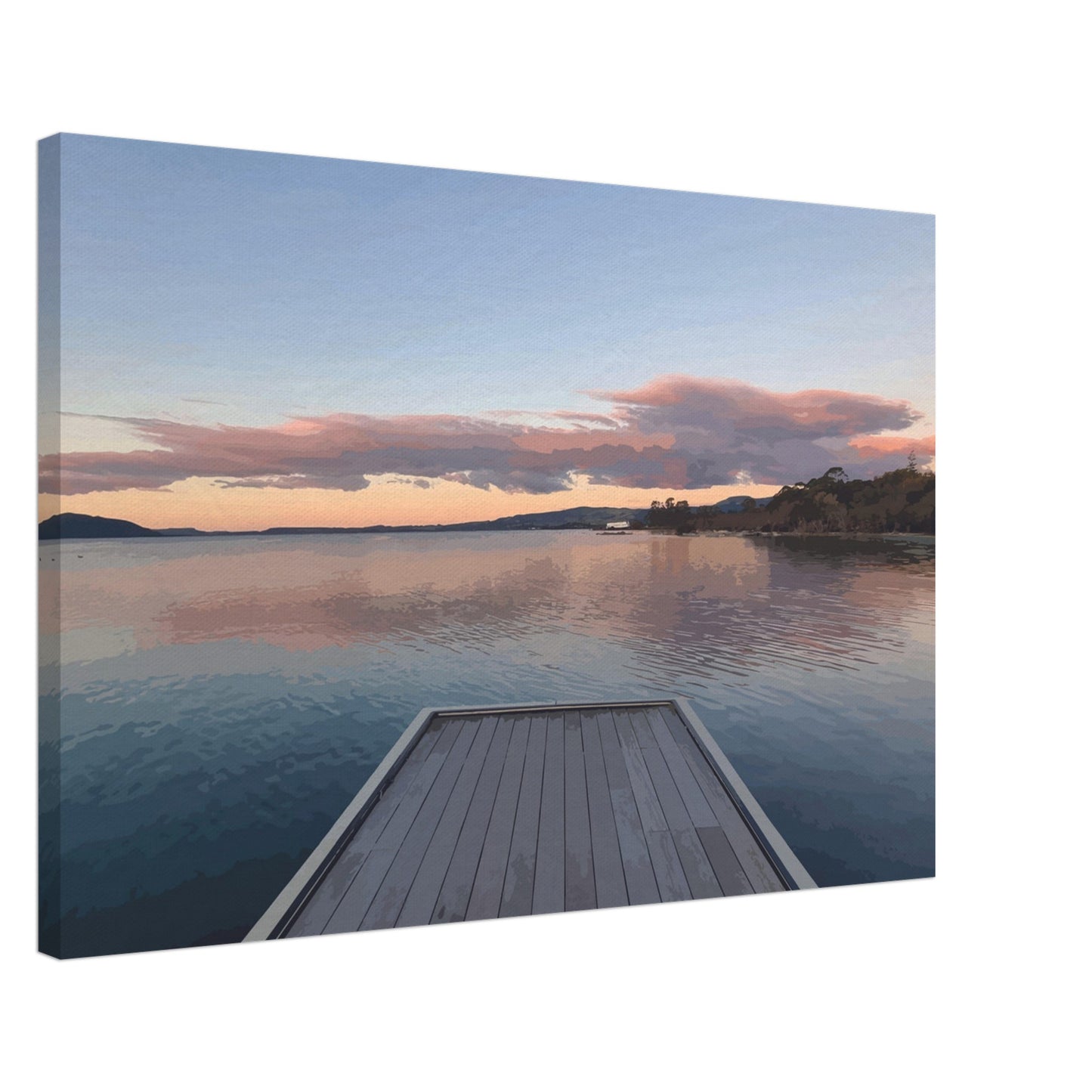 Jetty over Lake Rotorua at dusk with soft clouds and reflections in Echoes of the Lake by New Zealand designer Ben Hart.