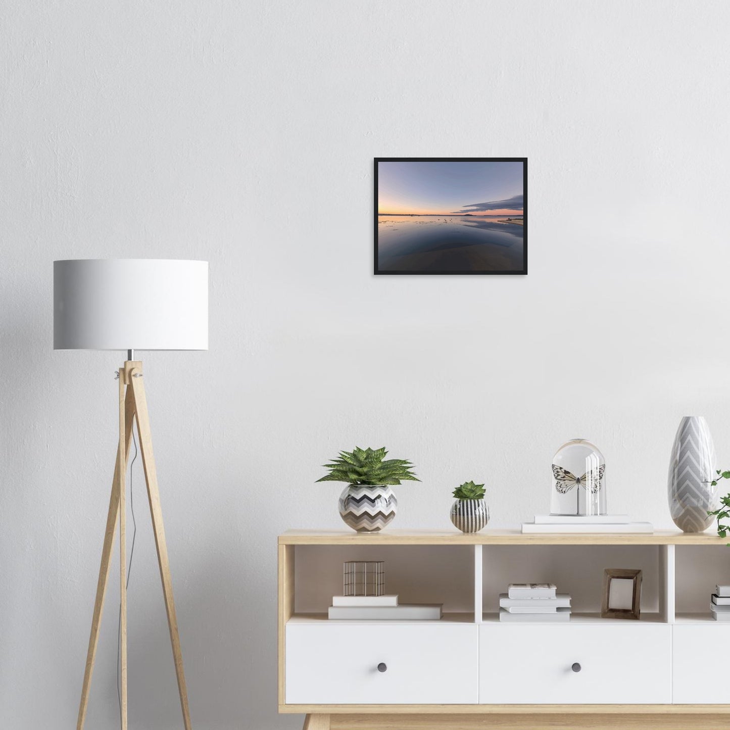 Peaceful Lake Rotorua at sunset with soft pastels, black swans and reflections in Whispers on the Lake by Ben Hart.