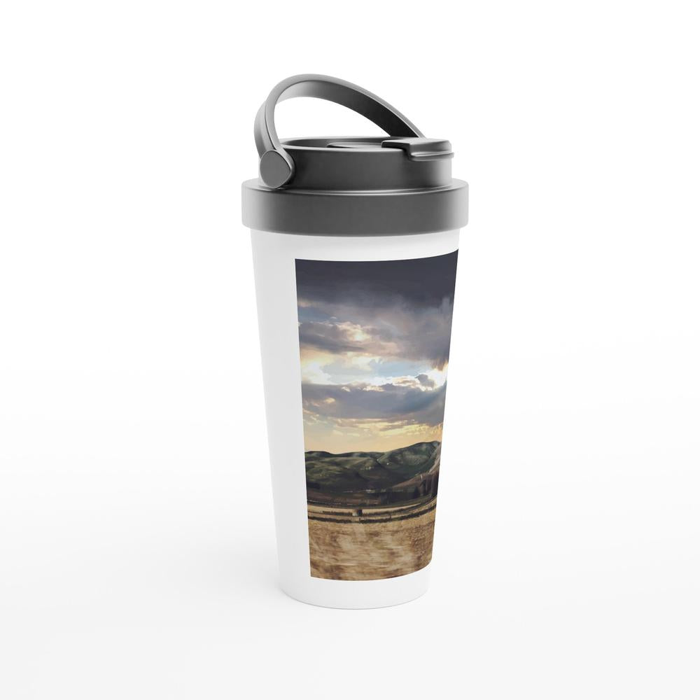 Designer stainless steel travel mug with artwork by NZ designer