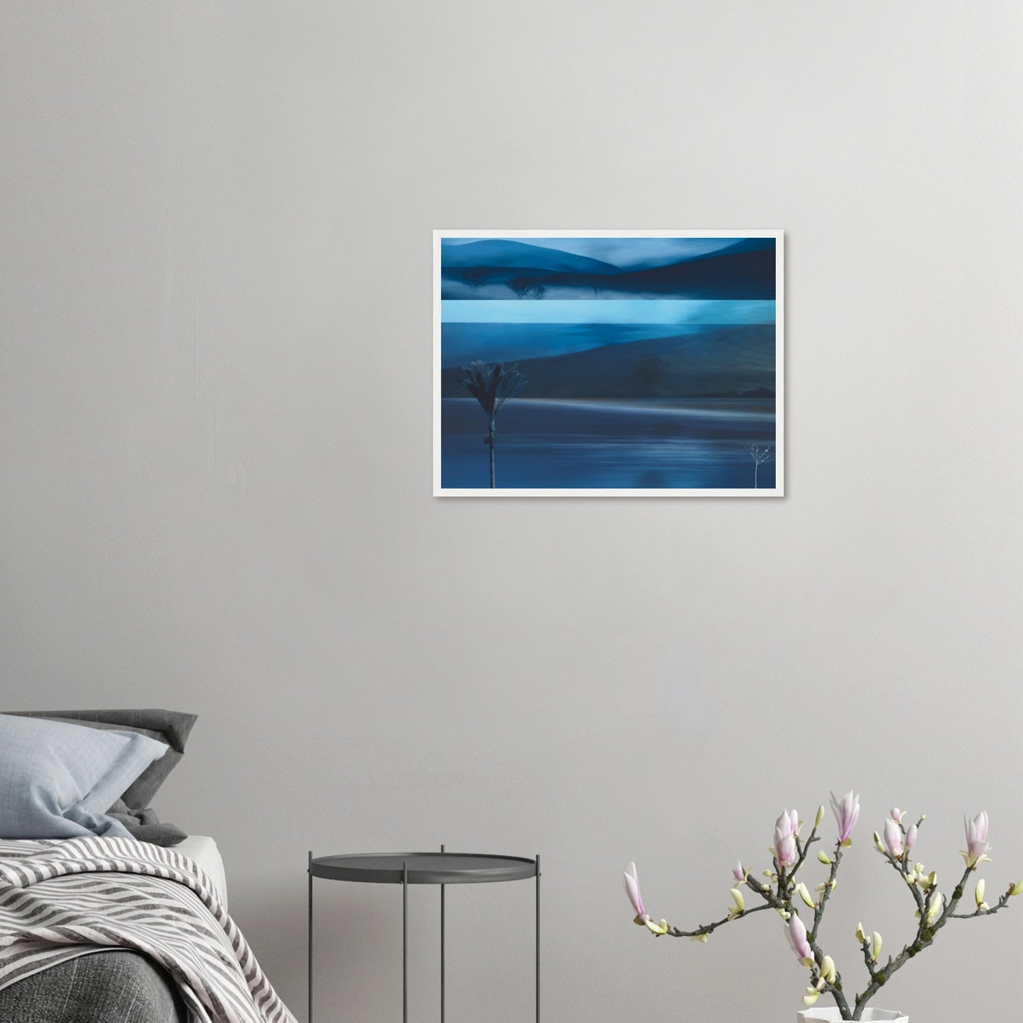 Layered blue seascape artwork with dark hills, water, and horizon in soft coastal tones.