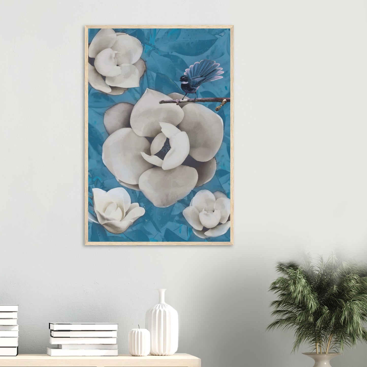 Artwork of a New Zealand pīwakawaka with its tail fanned wide, perched and alert with cool blue tones behind.