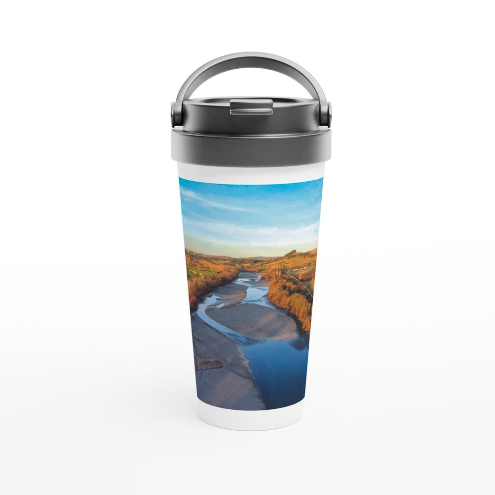 Designer stainless steel travel mug with artwork by NZ designer