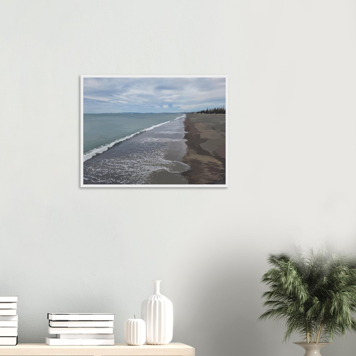 Gentle waves roll onto the dark sand, stretching endlessly into the distance under a softly clouded sky. Hints of pine trees and distant land complete the scene
