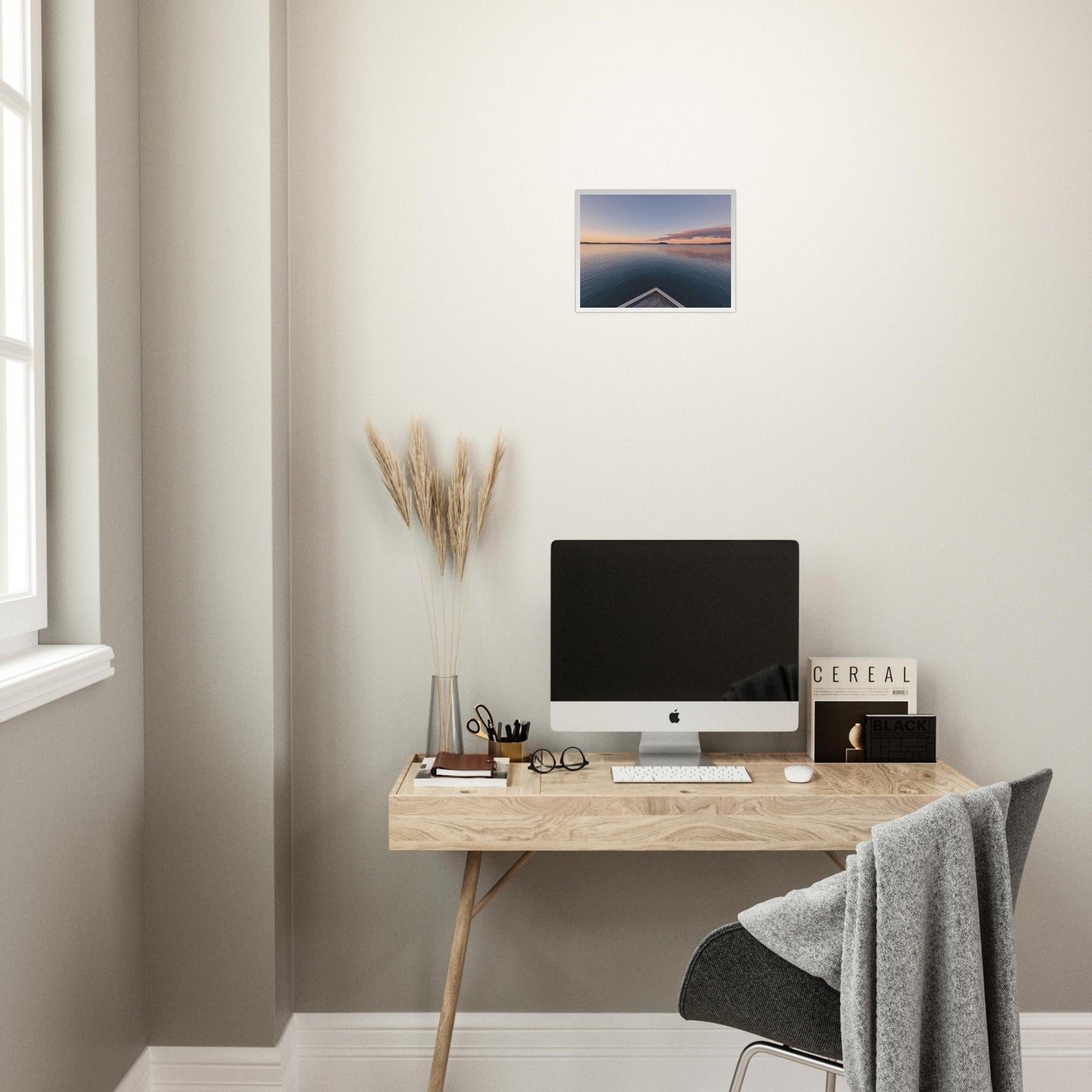 View from jetty over calm Lake Rotorua at sunset in the peaceful artwork Edge of Stillness by NZ designer Ben Hart.