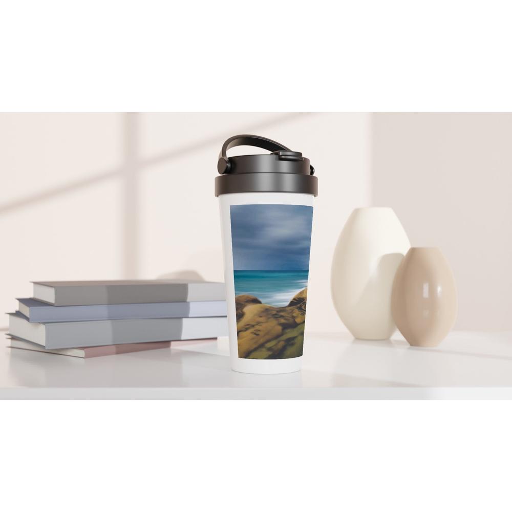 Designer stainless steel travel mug with artwork by NZ designer