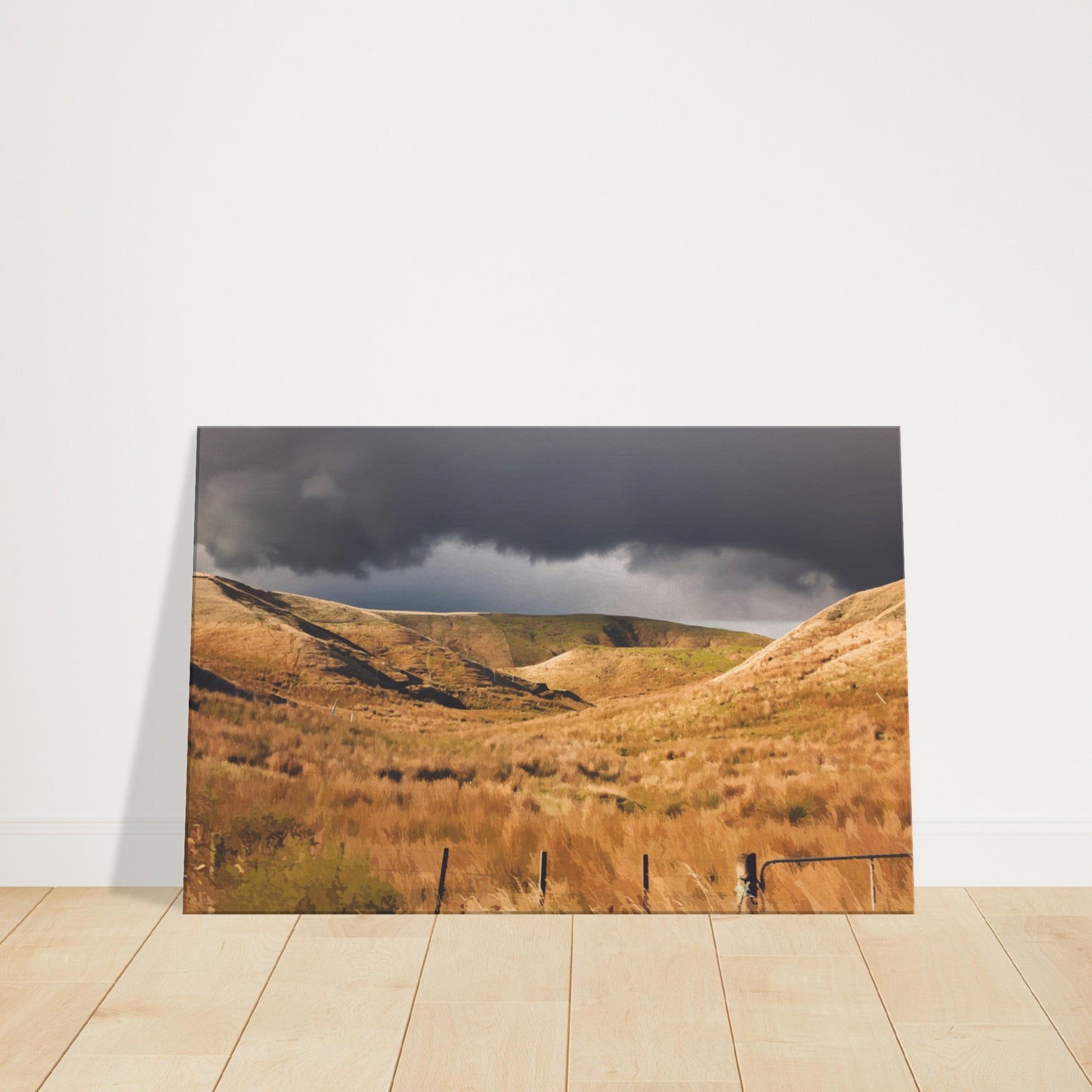 Golden Hawke’s Bay hills beneath dark clouds in a nostalgic NZ landscape artwork titled Trip Home by Ben Hart.