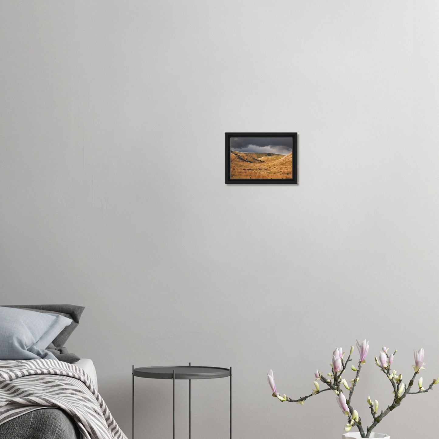 Golden Hawke’s Bay hills beneath dark clouds in a nostalgic NZ landscape artwork titled Trip Home by Ben Hart.