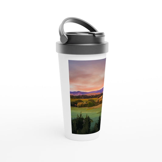 'Above the Pines' white 15oz stainless steel travel mug