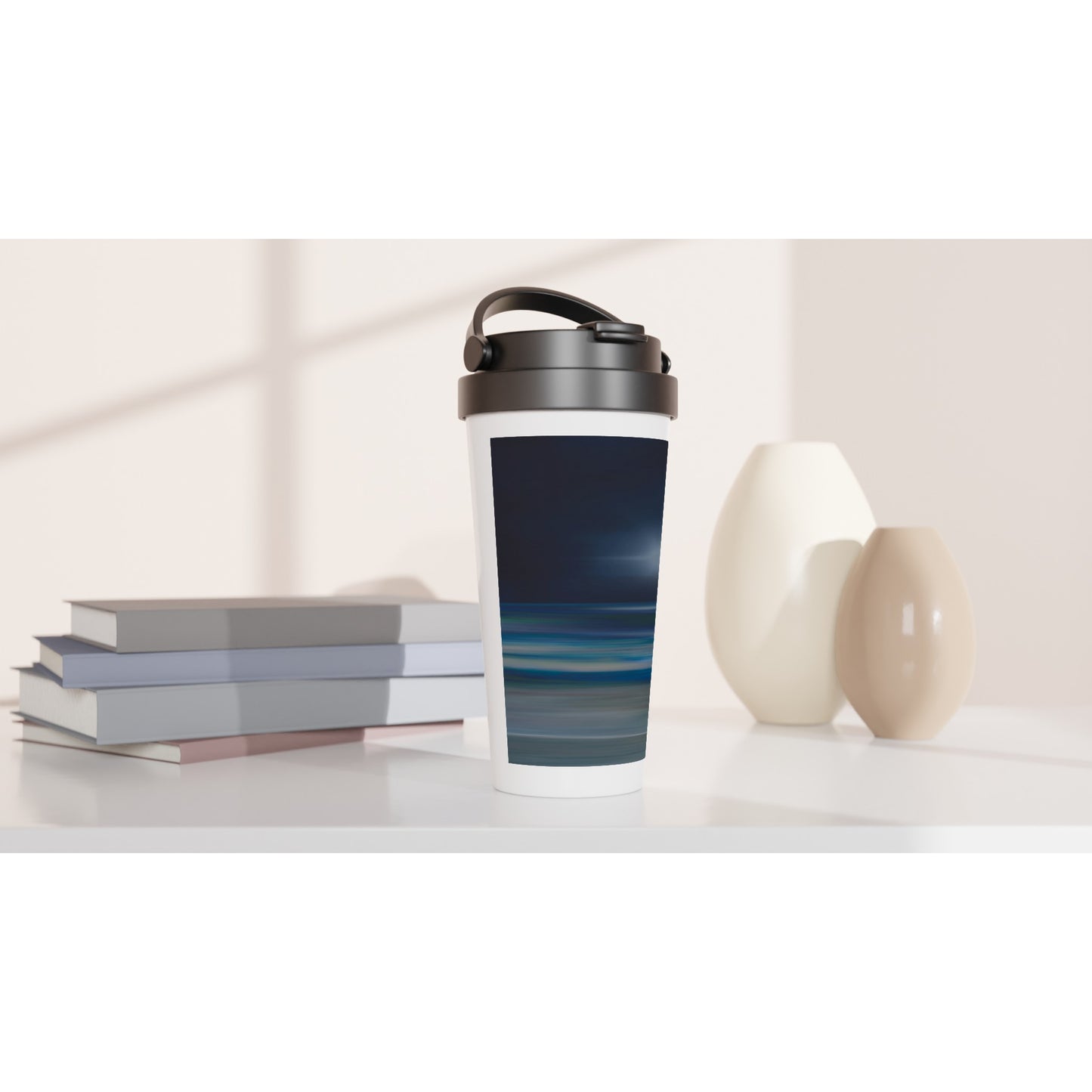 Designer stainless steel travel mug with artwork by NZ designer
