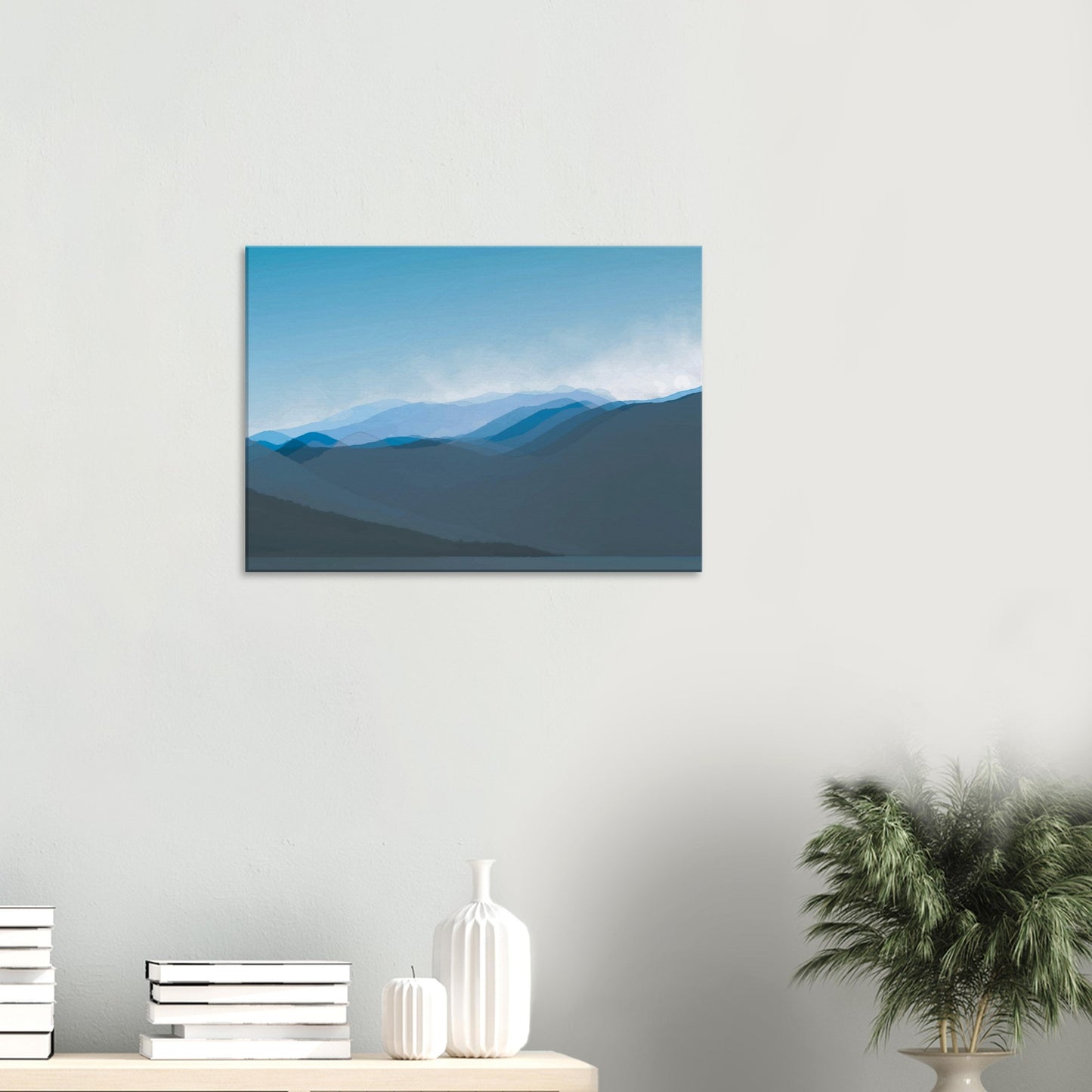Soft, layered silhouettes of misty blue mountains against a calming sky, this piece captures the peaceful essence of nature.