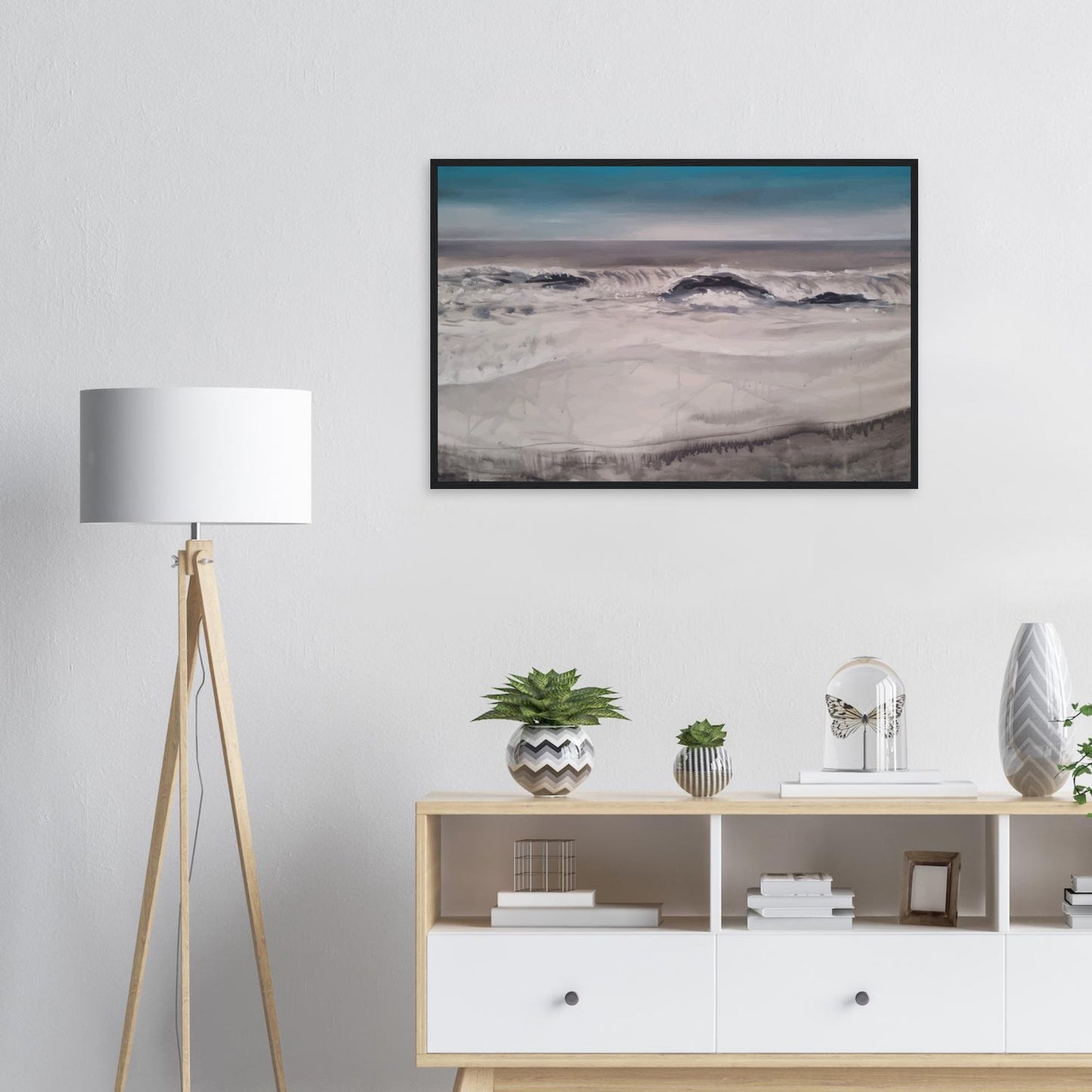 Moody seascape of waves breaking along Marine Parade in Hawke’s Bay, painted in muted greys and blues.