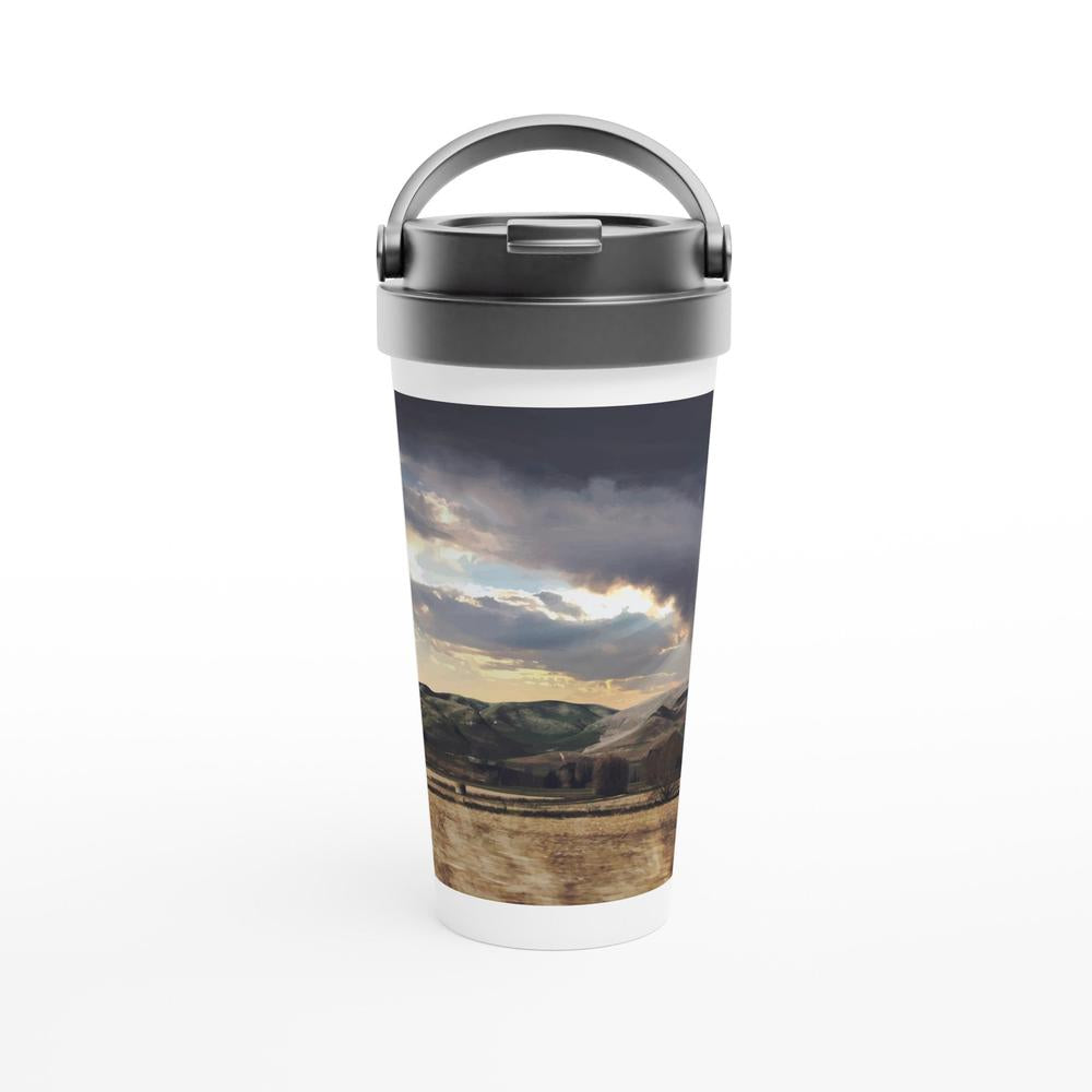 Designer stainless steel travel mug with artwork by NZ designer
