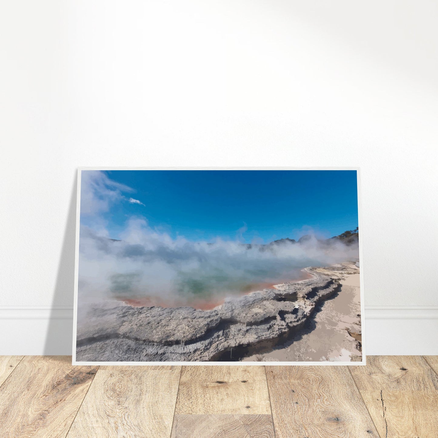 Steaming geothermal pool in Wai-O-Tapu, NZ, with green water and vivid edges in the artwork Thermal Waters by Ben Hart.
