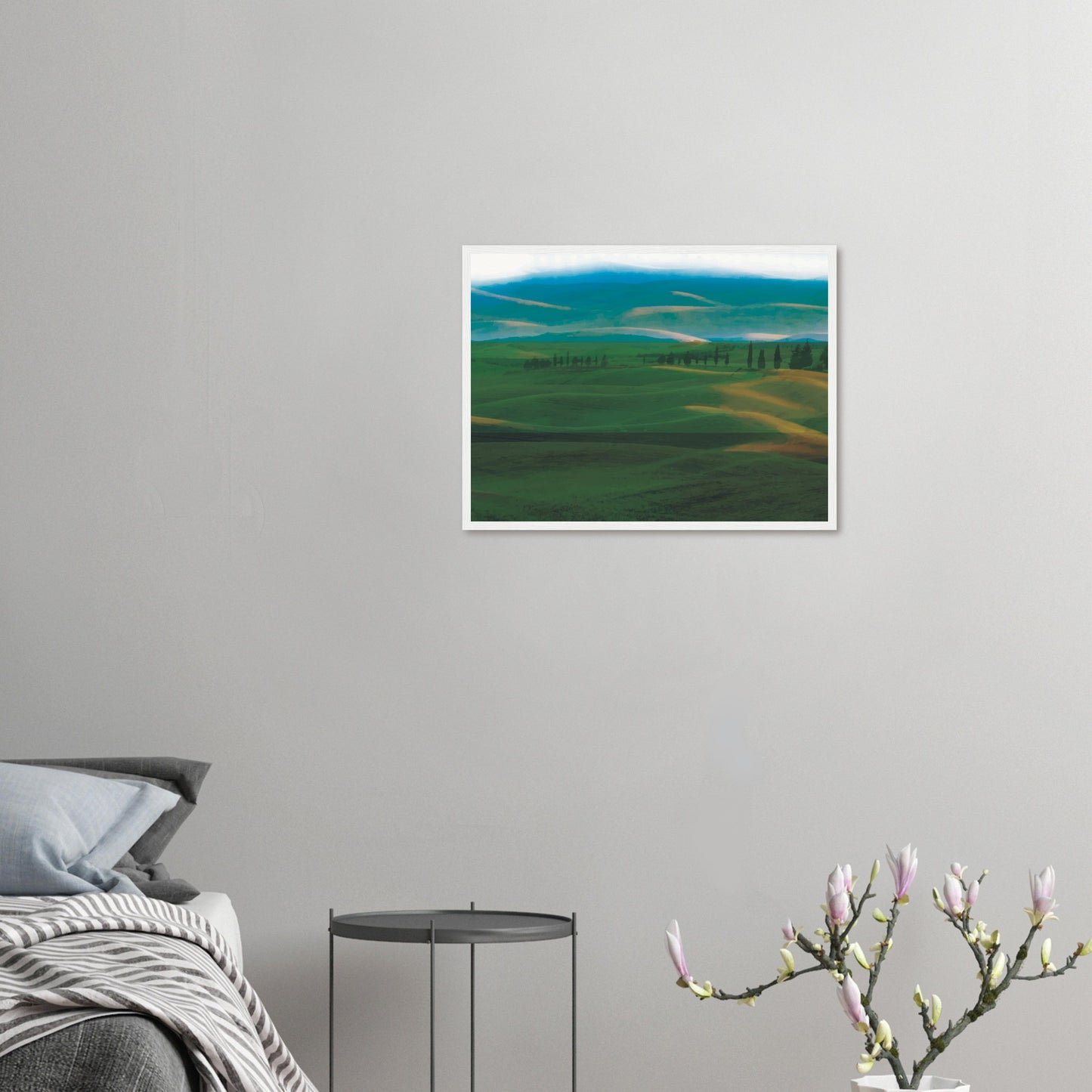 Artwork of rolling green hills and tall trees in soft golden light, evoking calm and quiet.