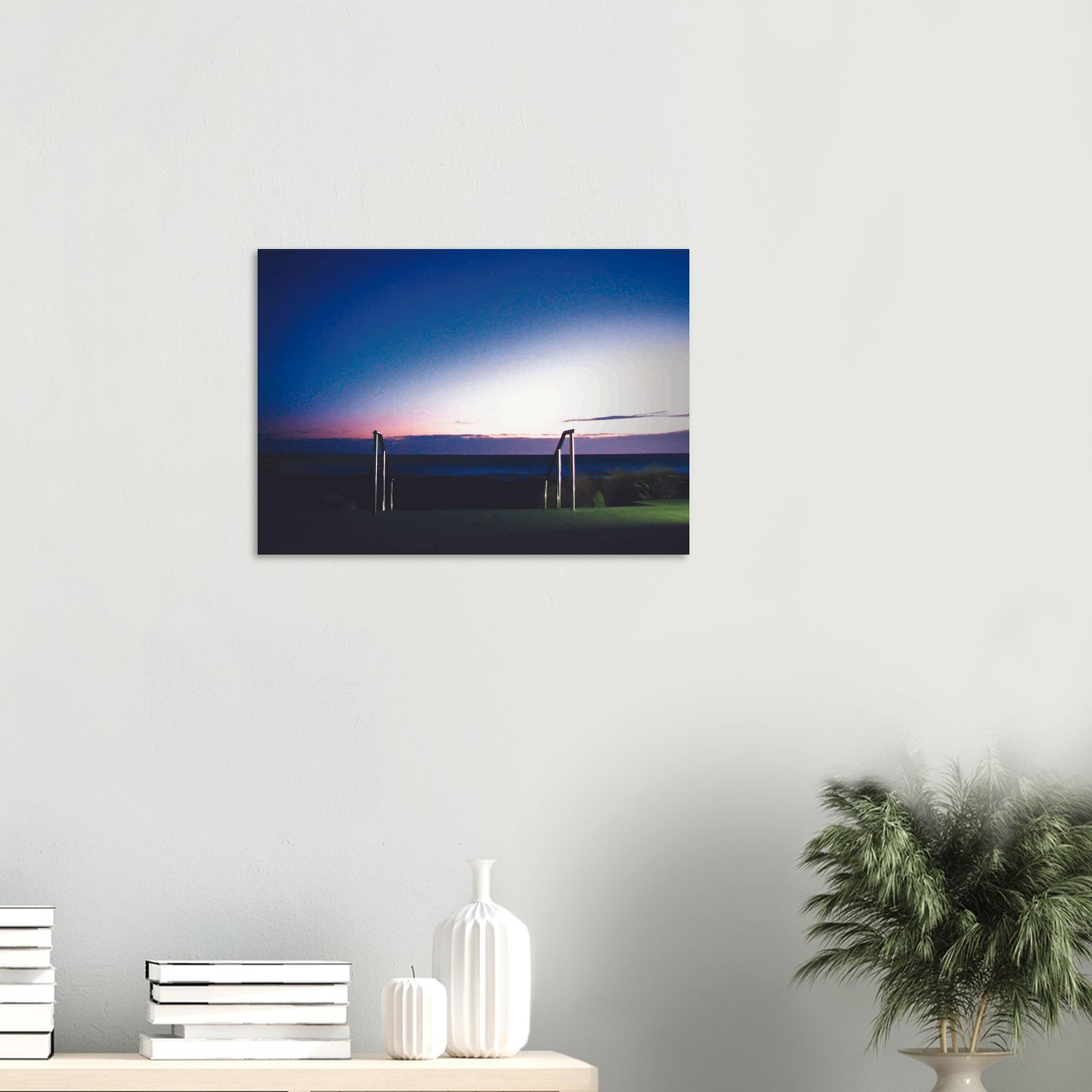 Artwork of Owhiro Bay at dusk with glowing horizon, sea, and steel railings leading into night.