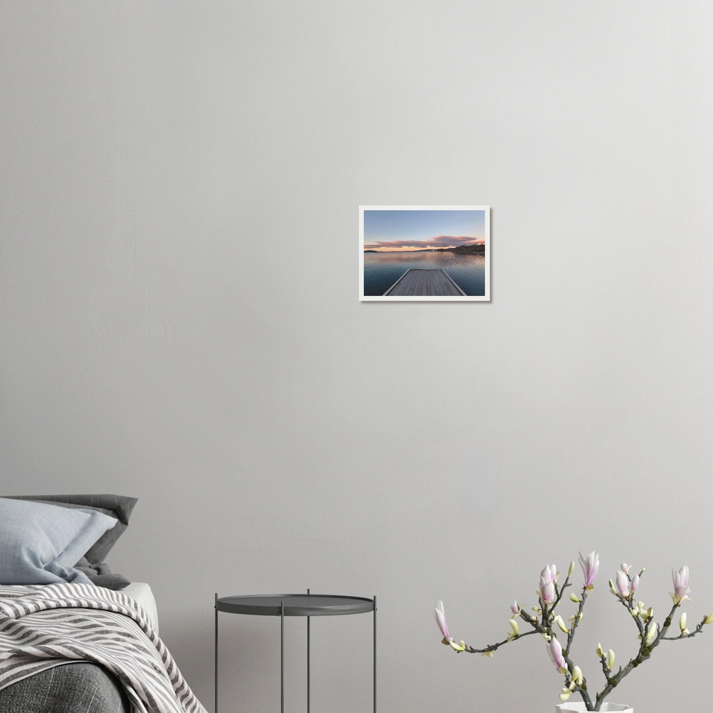 Jetty over Lake Rotorua at dusk with soft clouds and reflections in Echoes of the Lake by New Zealand designer Ben Hart.